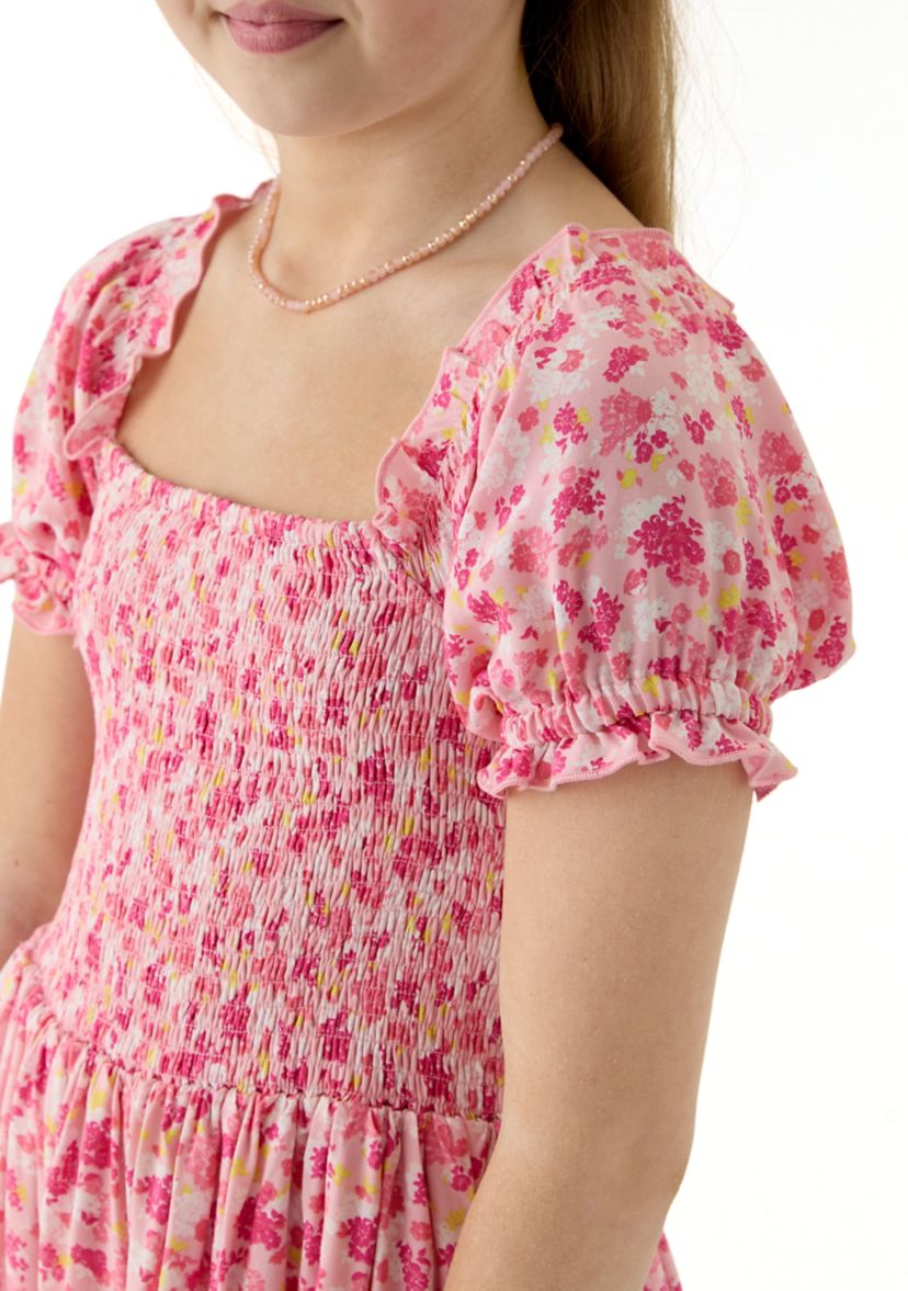 Girls 7-16 Pink Smocked Printed Dress 