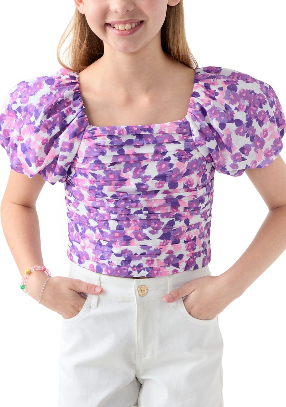Girls 7-16 Puff Sleeve Floral Top 