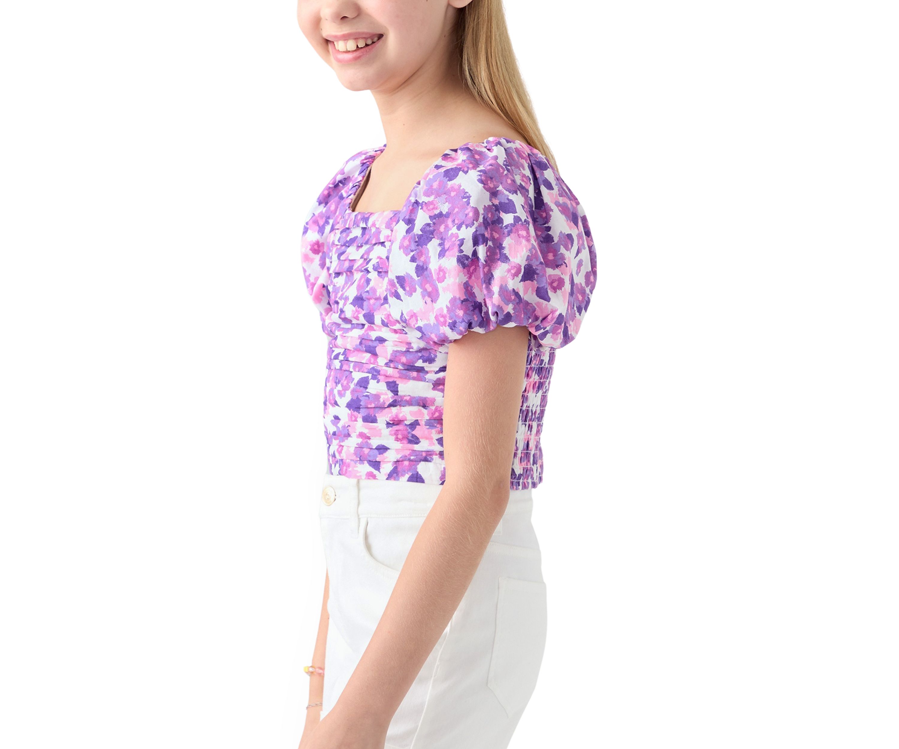 Girls 7-16 Puff Sleeve Floral Top 
