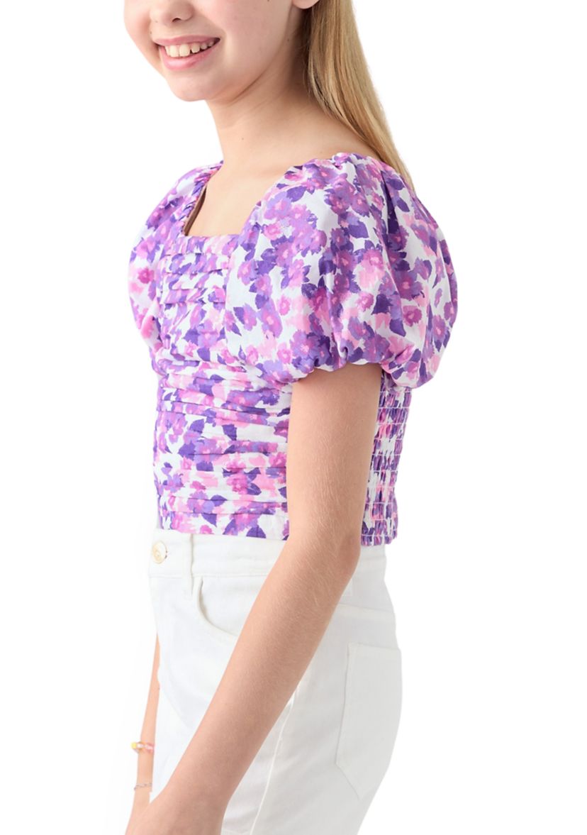 Girls 7-16 Puff Sleeve Floral Top 