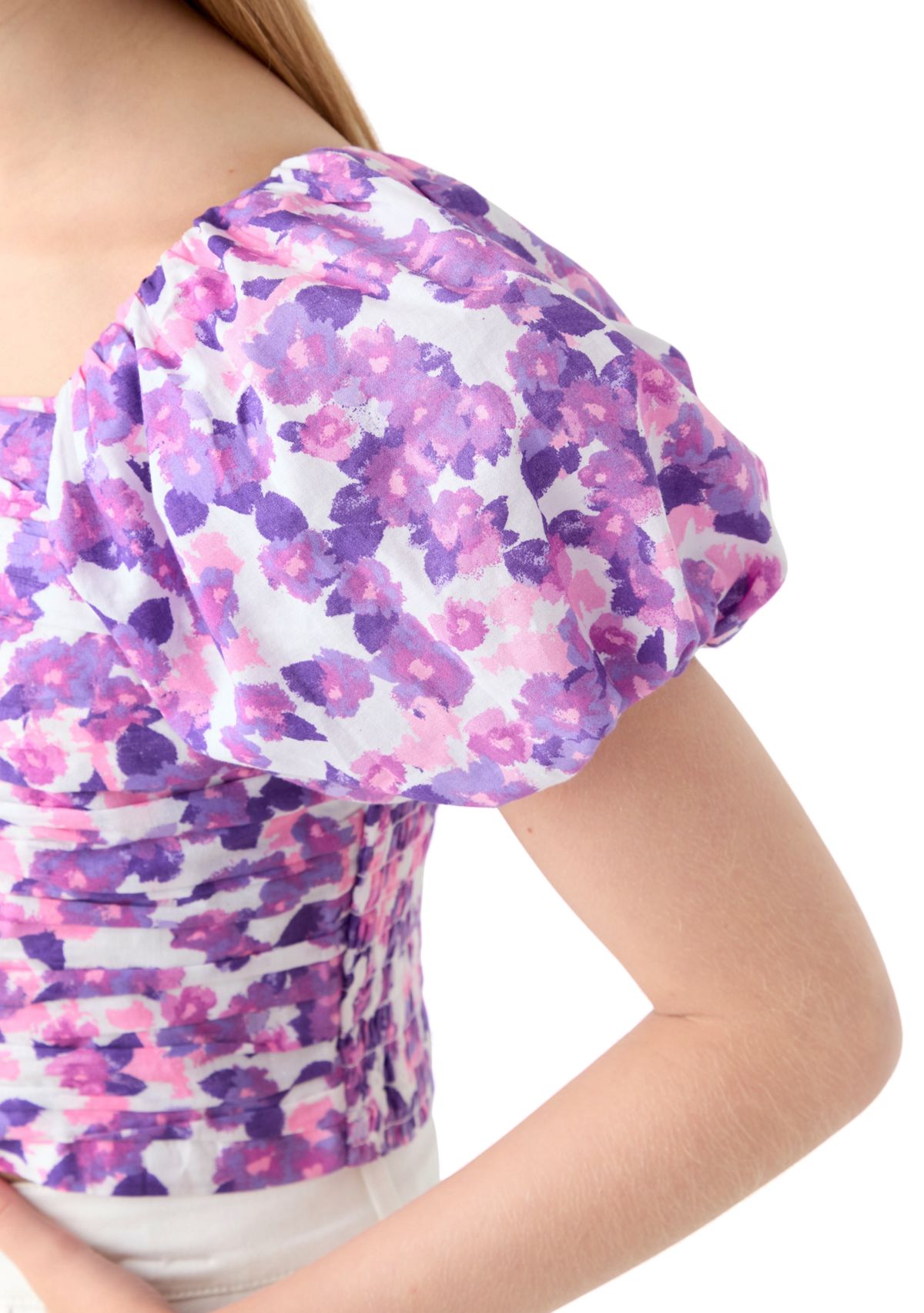 Girls 7-16 Puff Sleeve Floral Top 