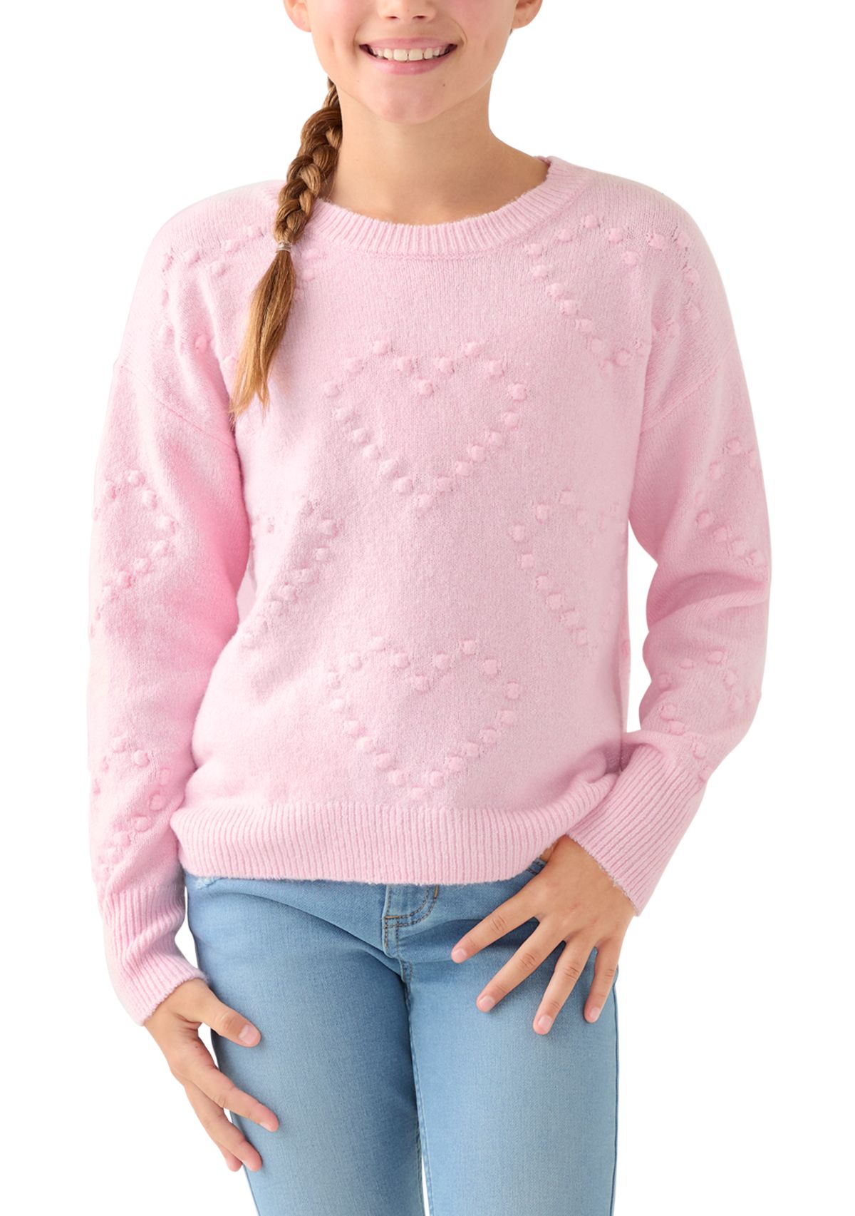 Girls 7-16 Pom Pom Heart Crew Sweater
