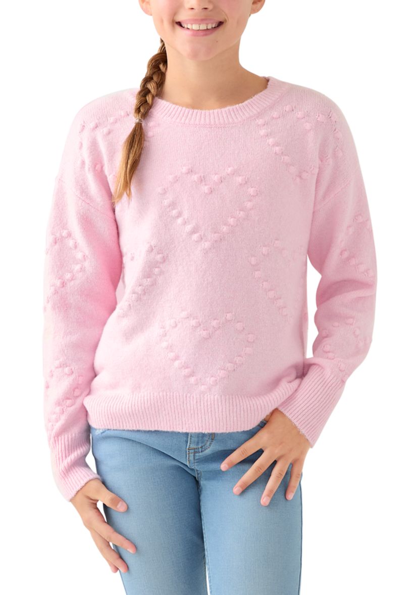Girls 7-16 Pom Pom Heart Crew Sweater