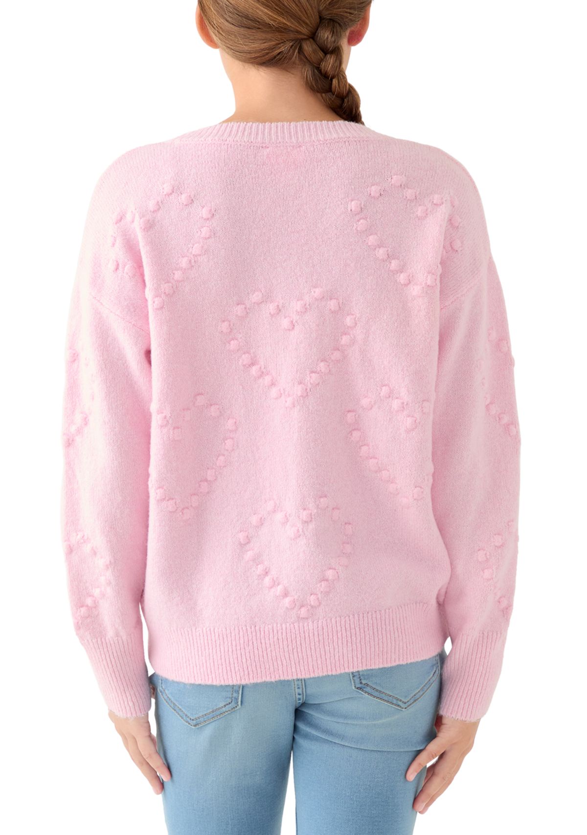 Girls 7-16 Pom Pom Heart Crew Sweater