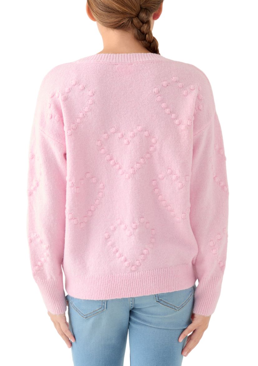 Girls 7-16 Pom Pom Heart Crew Sweater