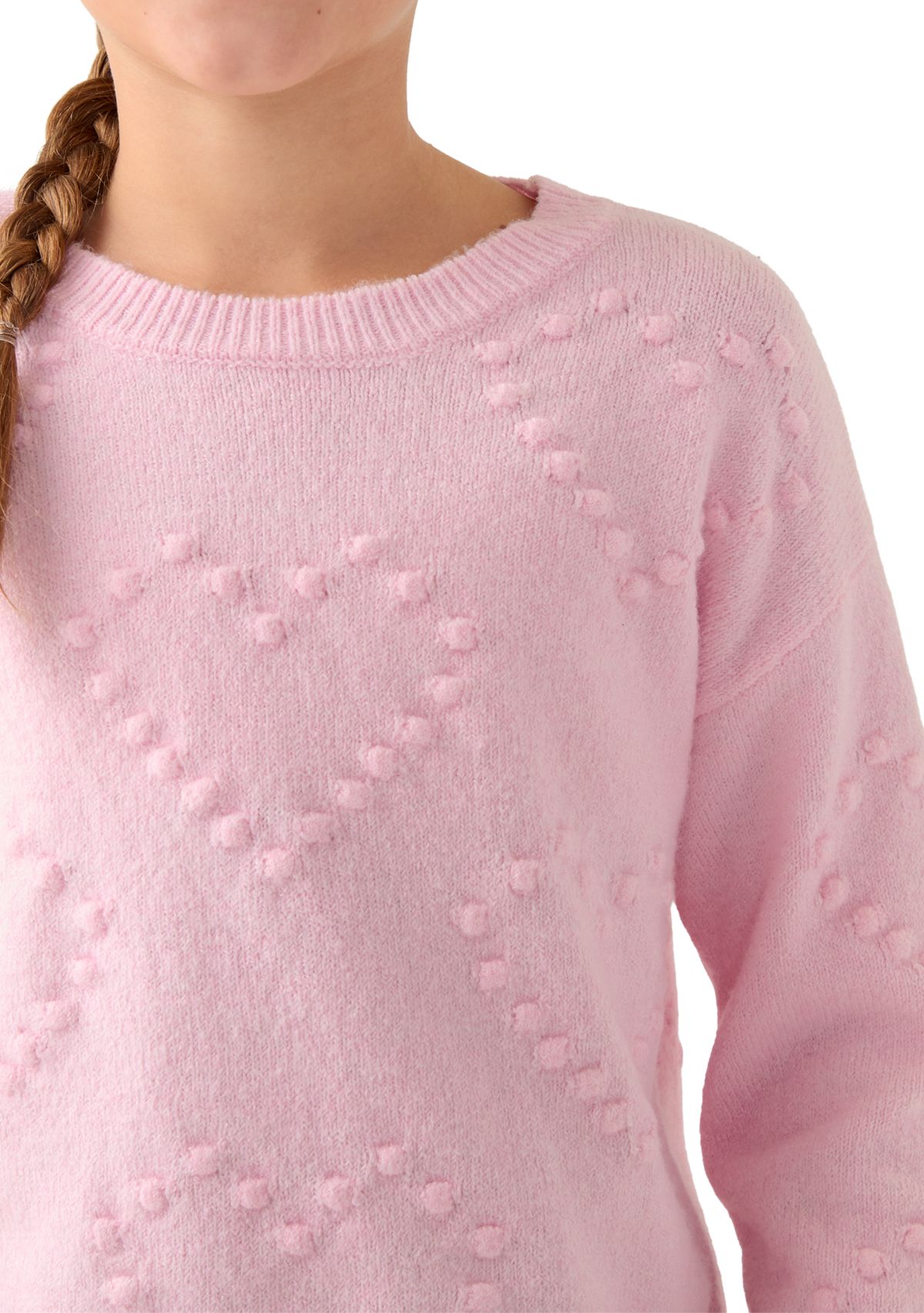 Girls 7-16 Pom Pom Heart Crew Sweater