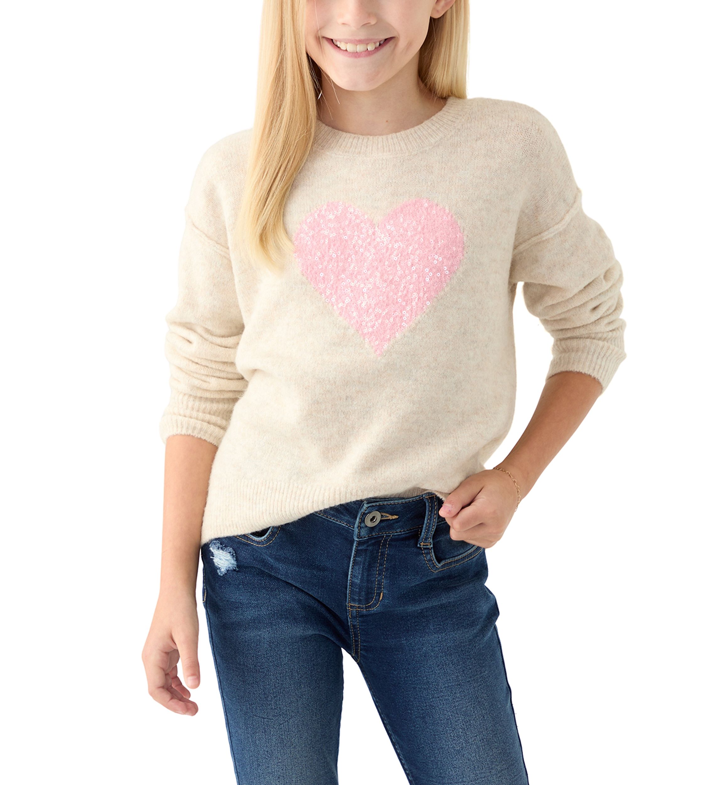 Girls 7-16 Sequin Heart Cozy Crew Neck Sweater