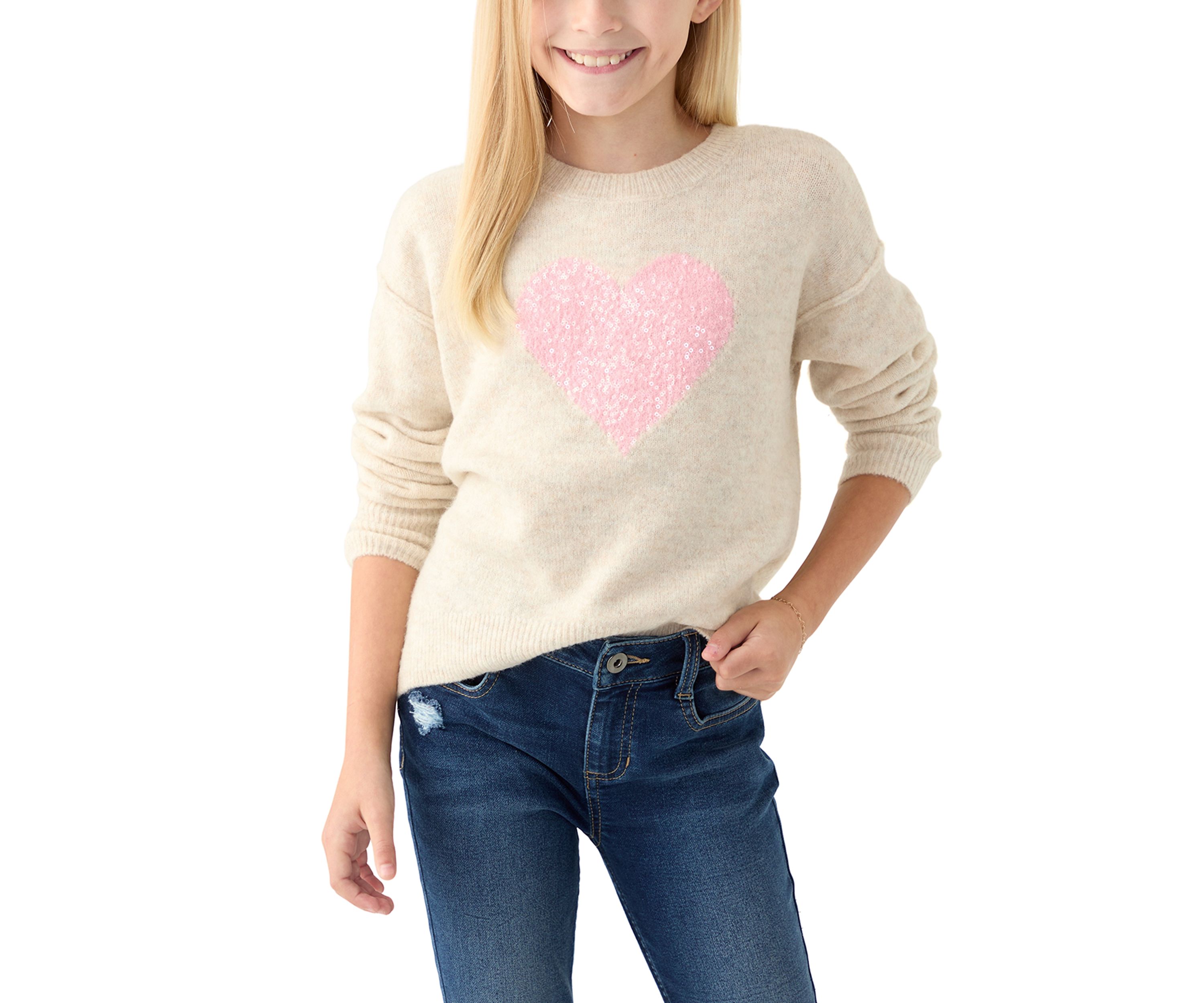 Girls 7-16 Sequin Heart Cozy Crew Neck Sweater