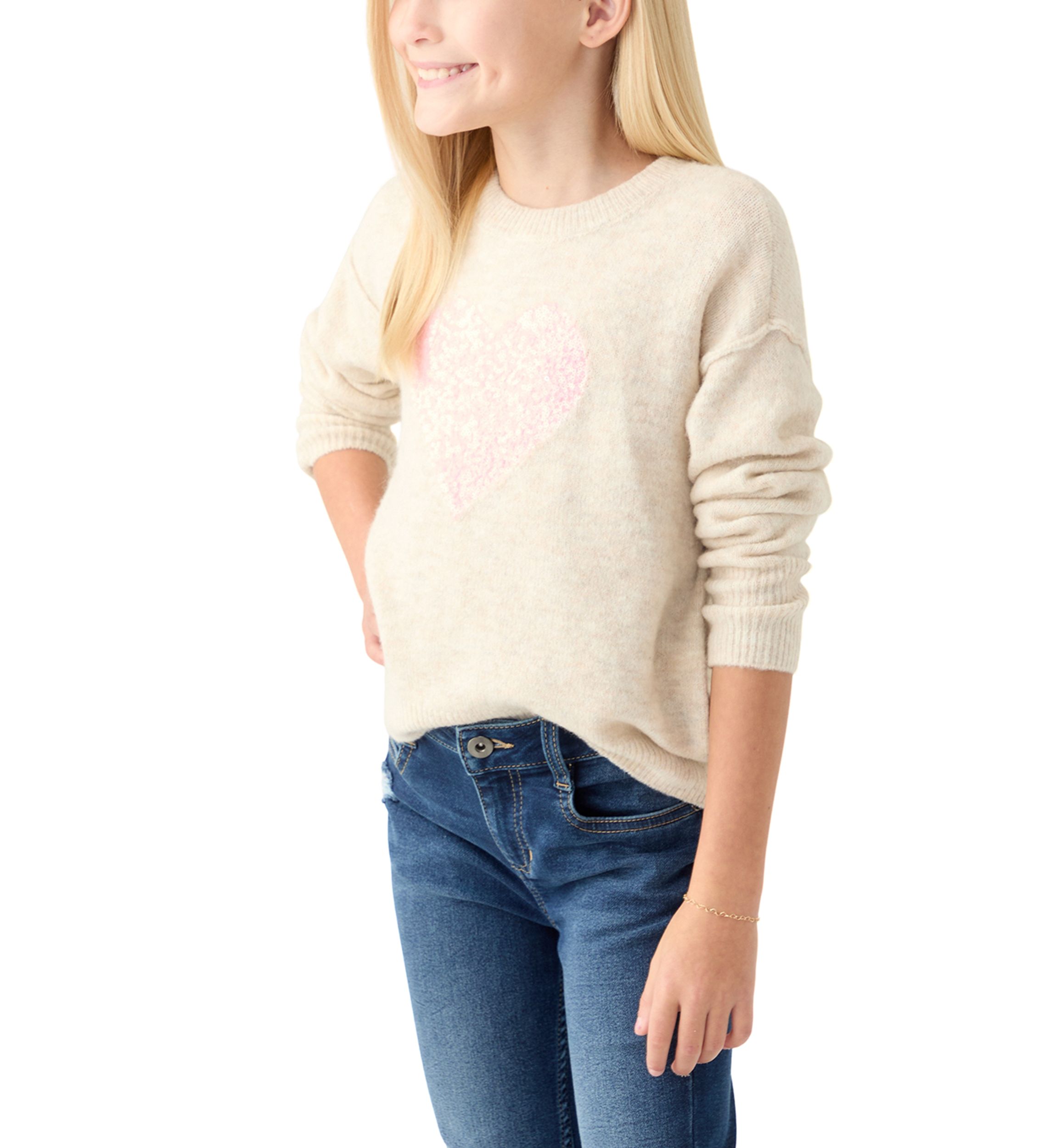 Girls 7-16 Sequin Heart Cozy Crew Neck Sweater