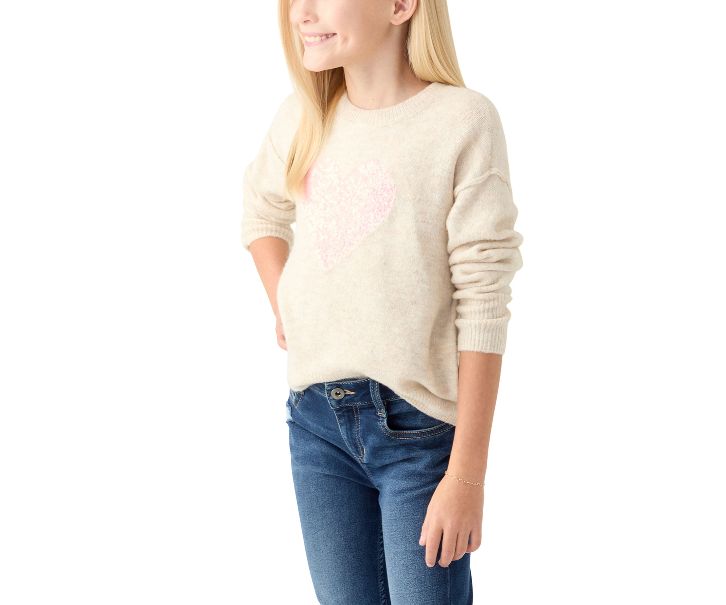 Girls 7-16 Sequin Heart Cozy Crew Neck Sweater