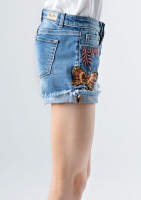 Girls 7-16 Butterfly Cactus Embroidered Denim Shorts