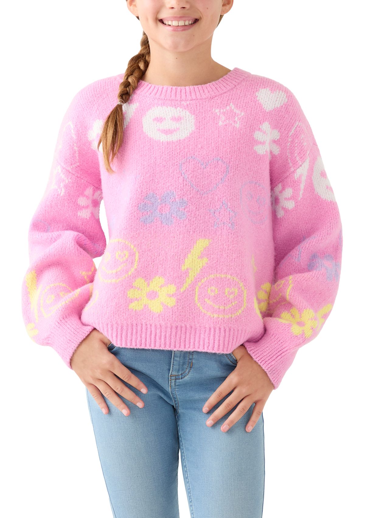 Girls 7-16 Icon Print Crew Sweater 