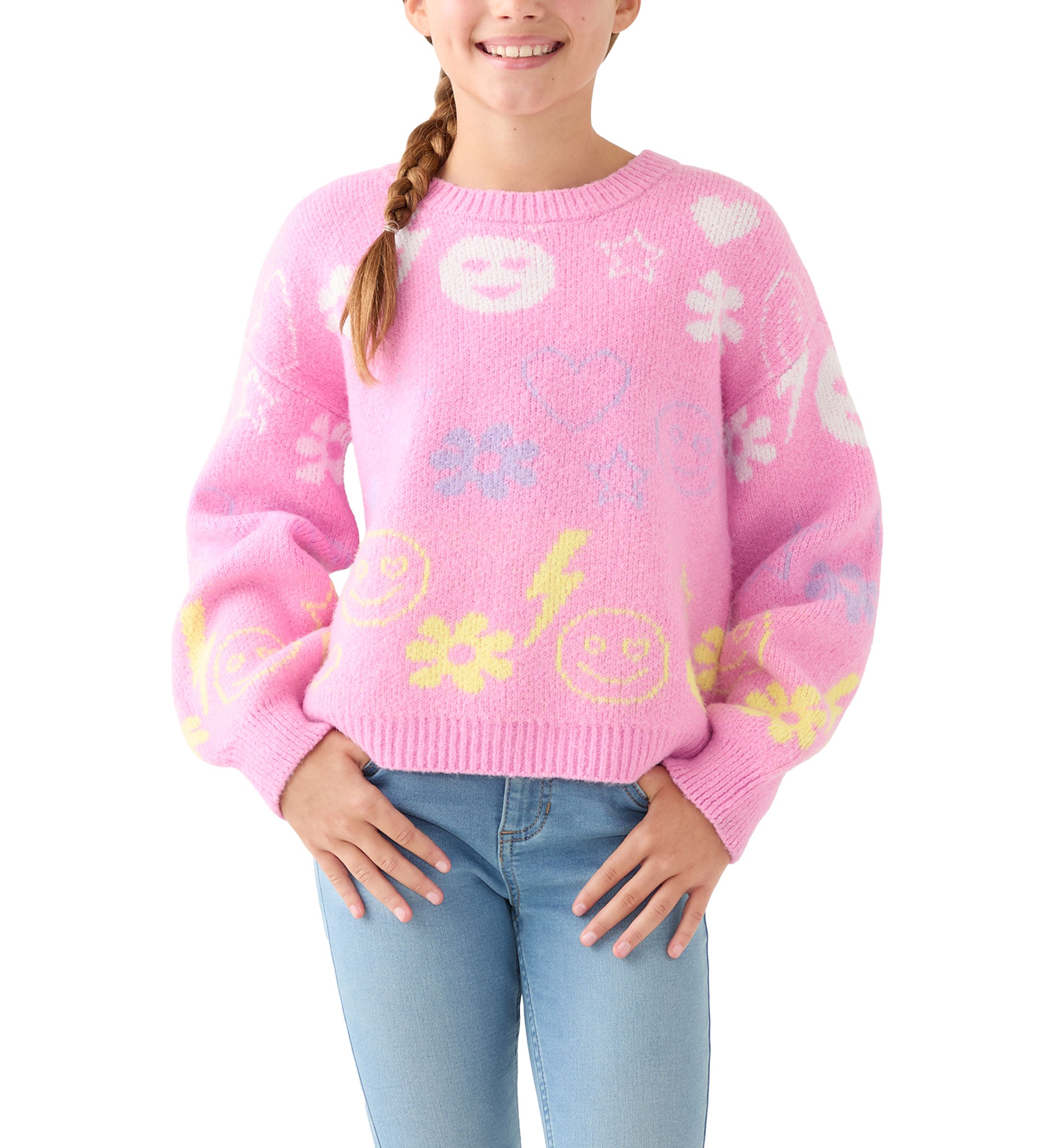 Girls 7-16 Icon Print Crew Sweater 