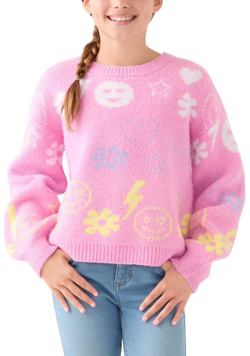 Girls 7-16 Icon Print Crew Sweater 