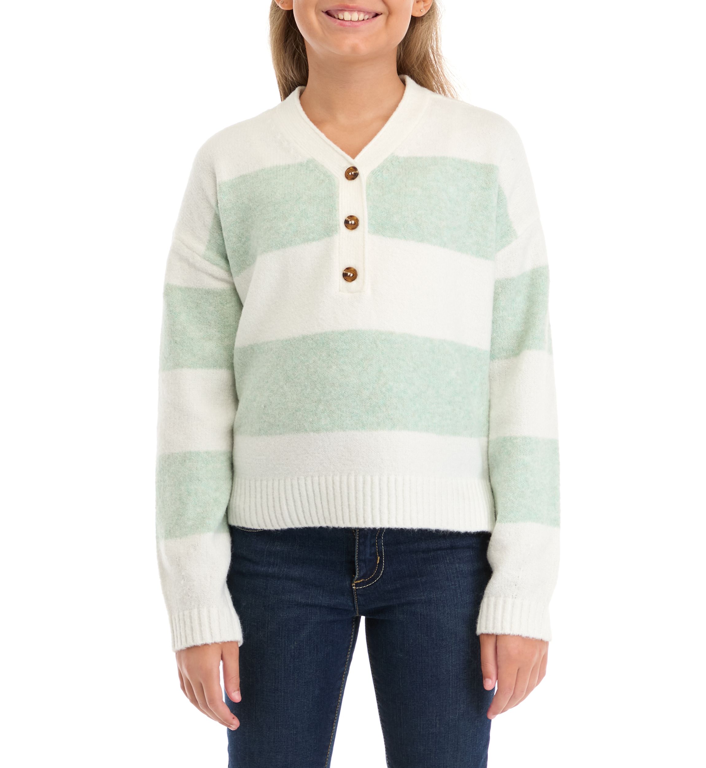 Girls 7-16 3 Button Striped Sweater