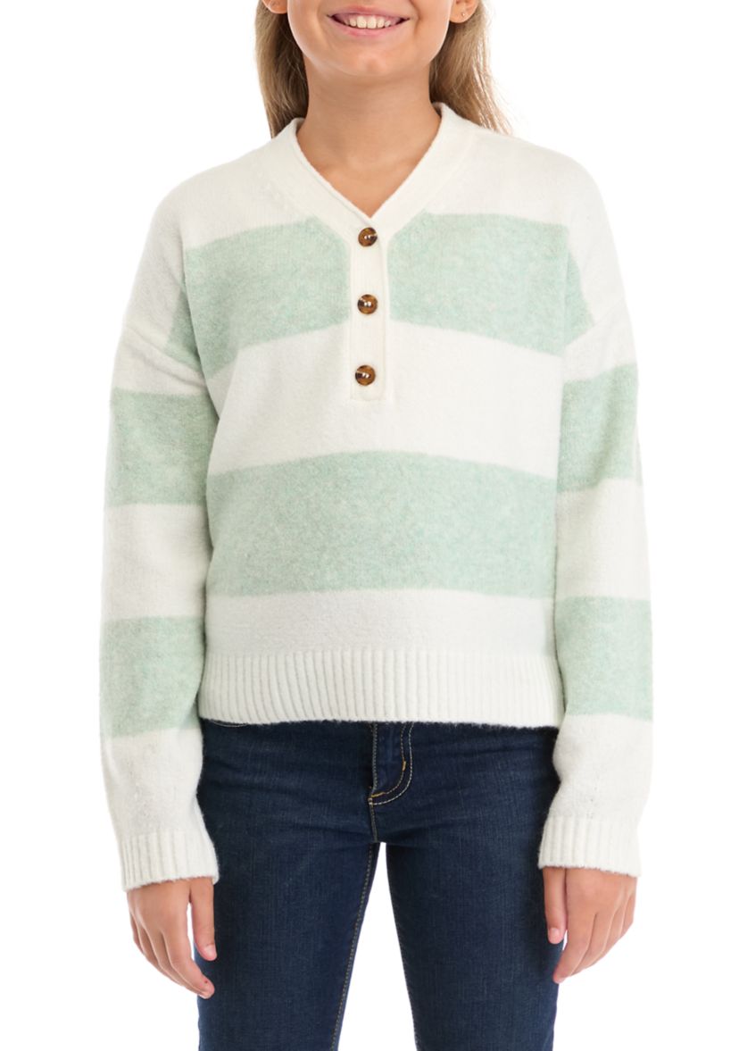 Girls 7-16 3 Button Striped Sweater