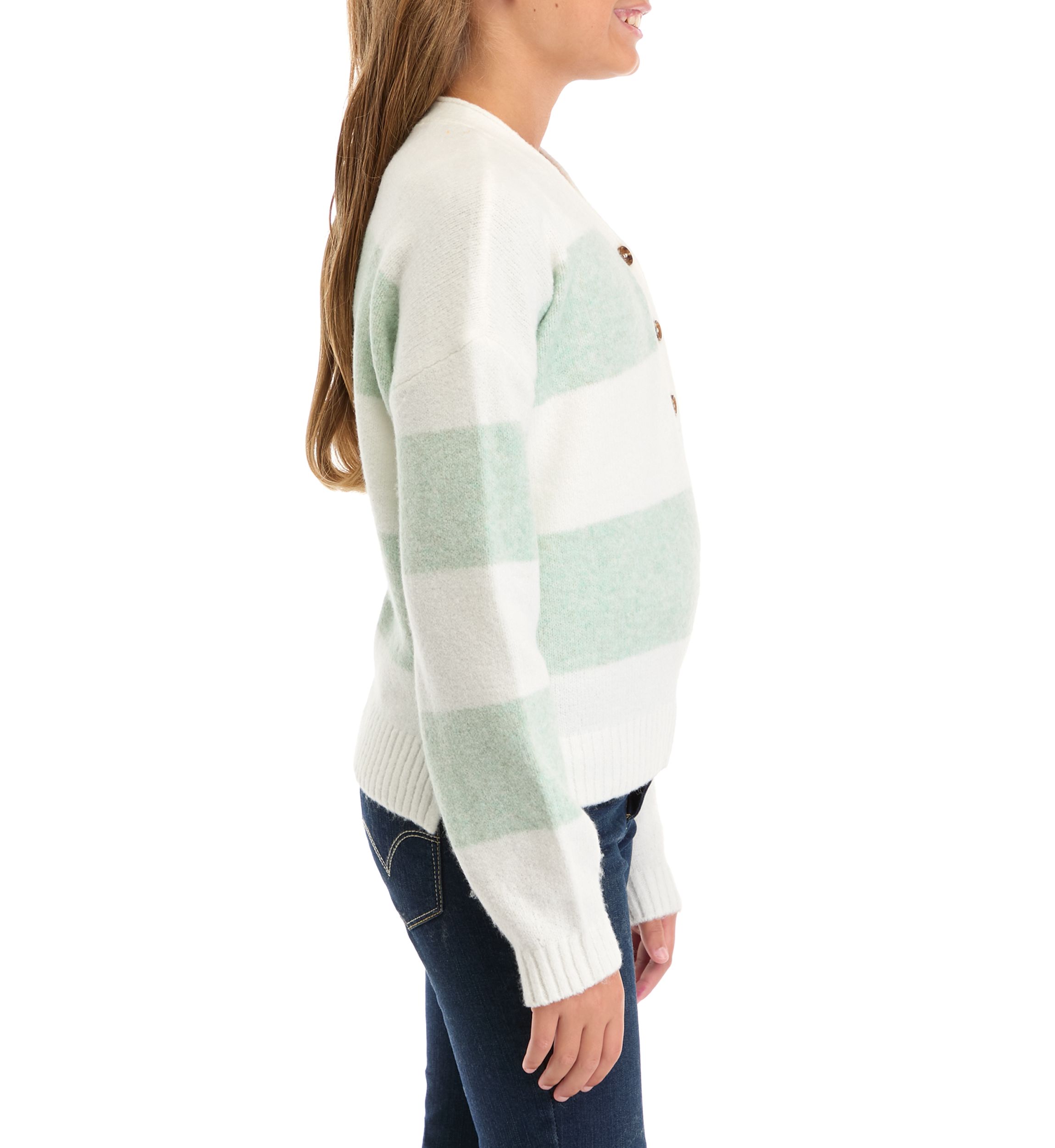 Girls 7-16 3 Button Striped Sweater
