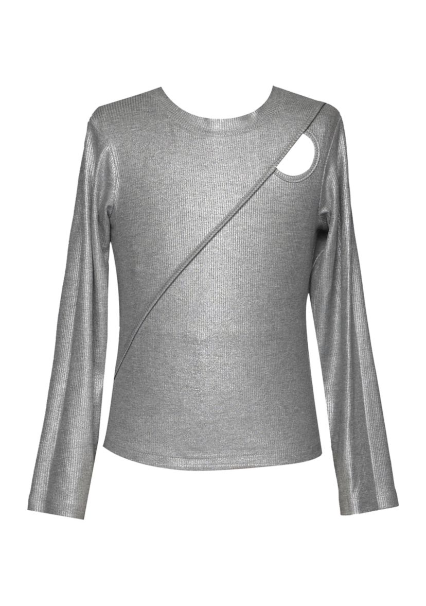 Girls 7-16 Asymmetric Shoulder Cutout Metallic Shirt