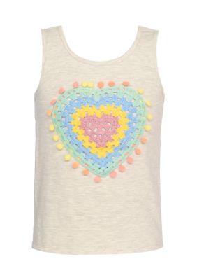 Hannah Banana Girls 7-16 Pastel Crochet and Pom Heart Tank Top, Grey, 14
