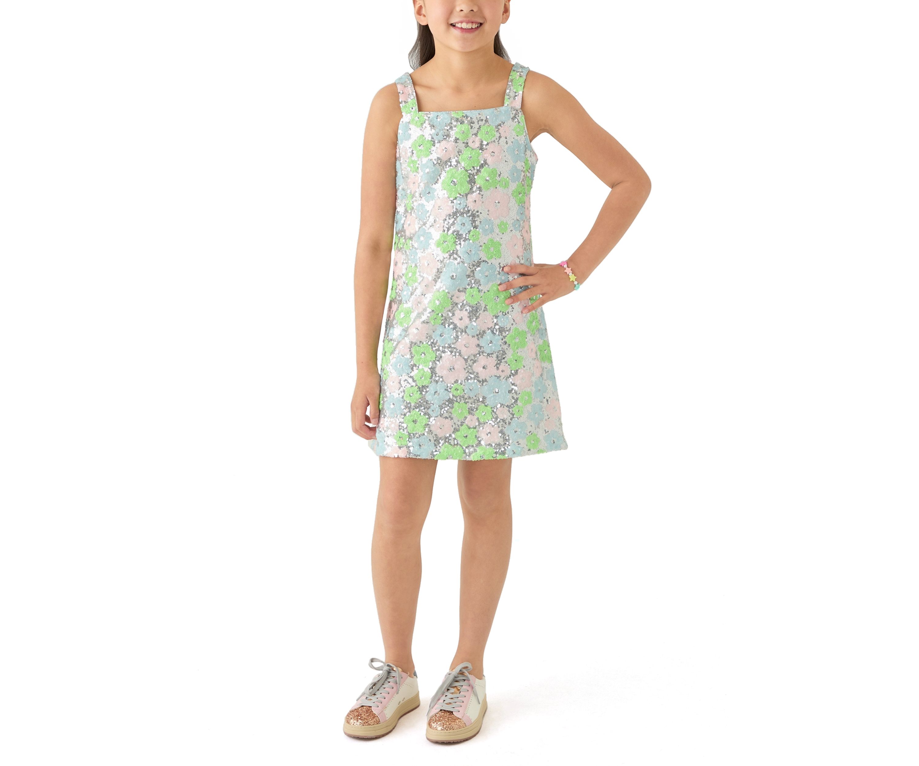 Girls 7-16 Pastel Floral Printed Sequin Dress