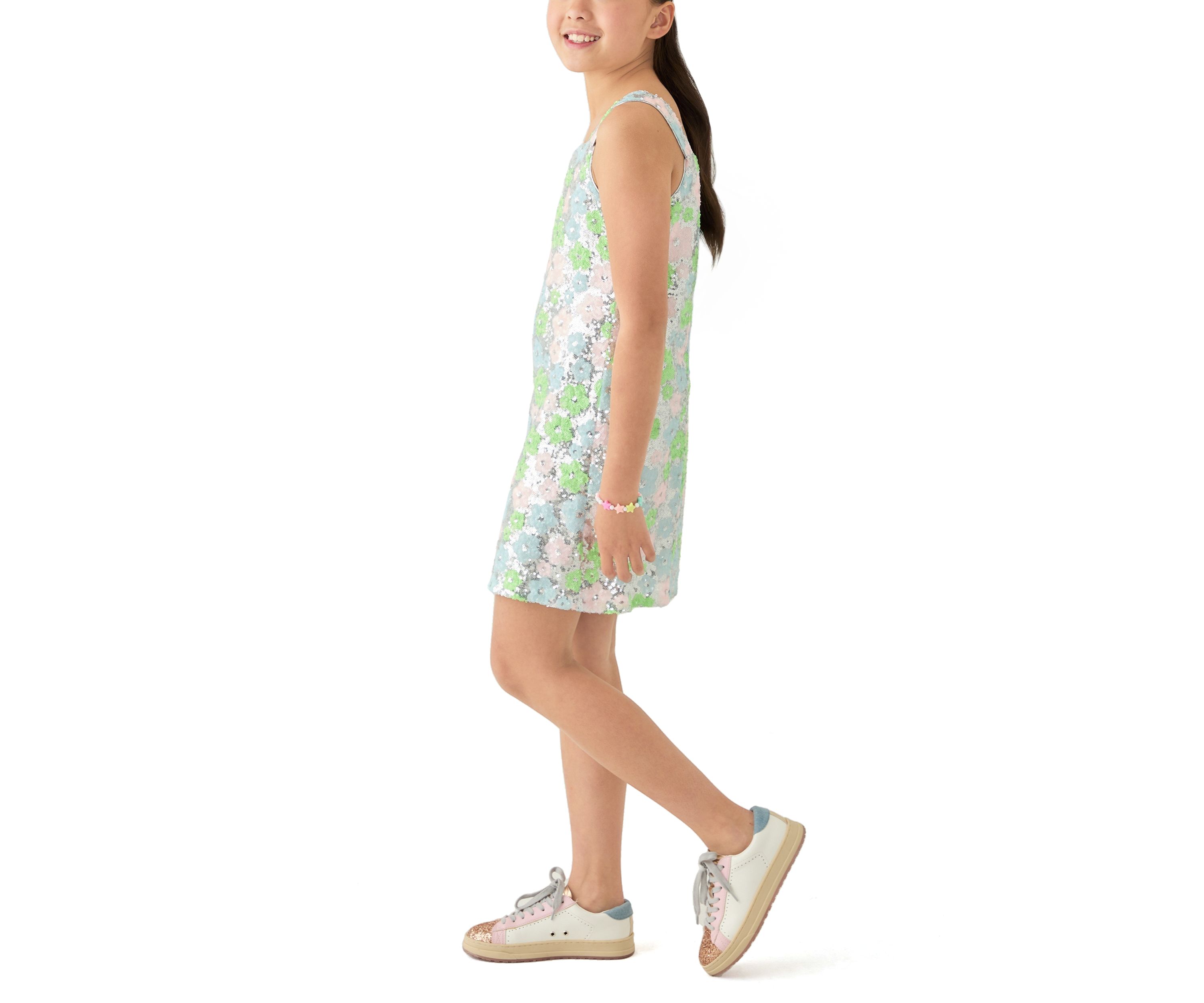 Girls 7-16 Pastel Floral Printed Sequin Dress