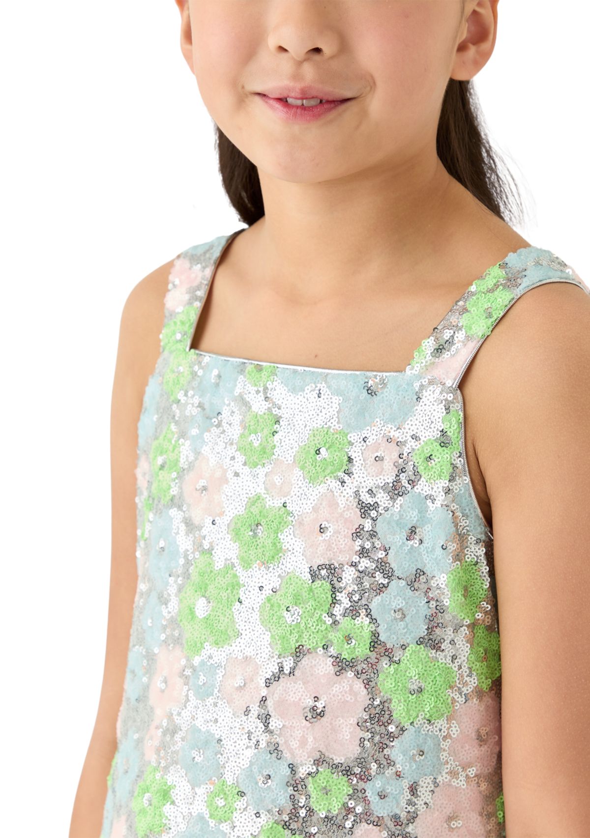 Girls 7-16 Pastel Floral Printed Sequin Dress