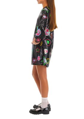 Girls 7-16 Sequin Emoji Printed Dress