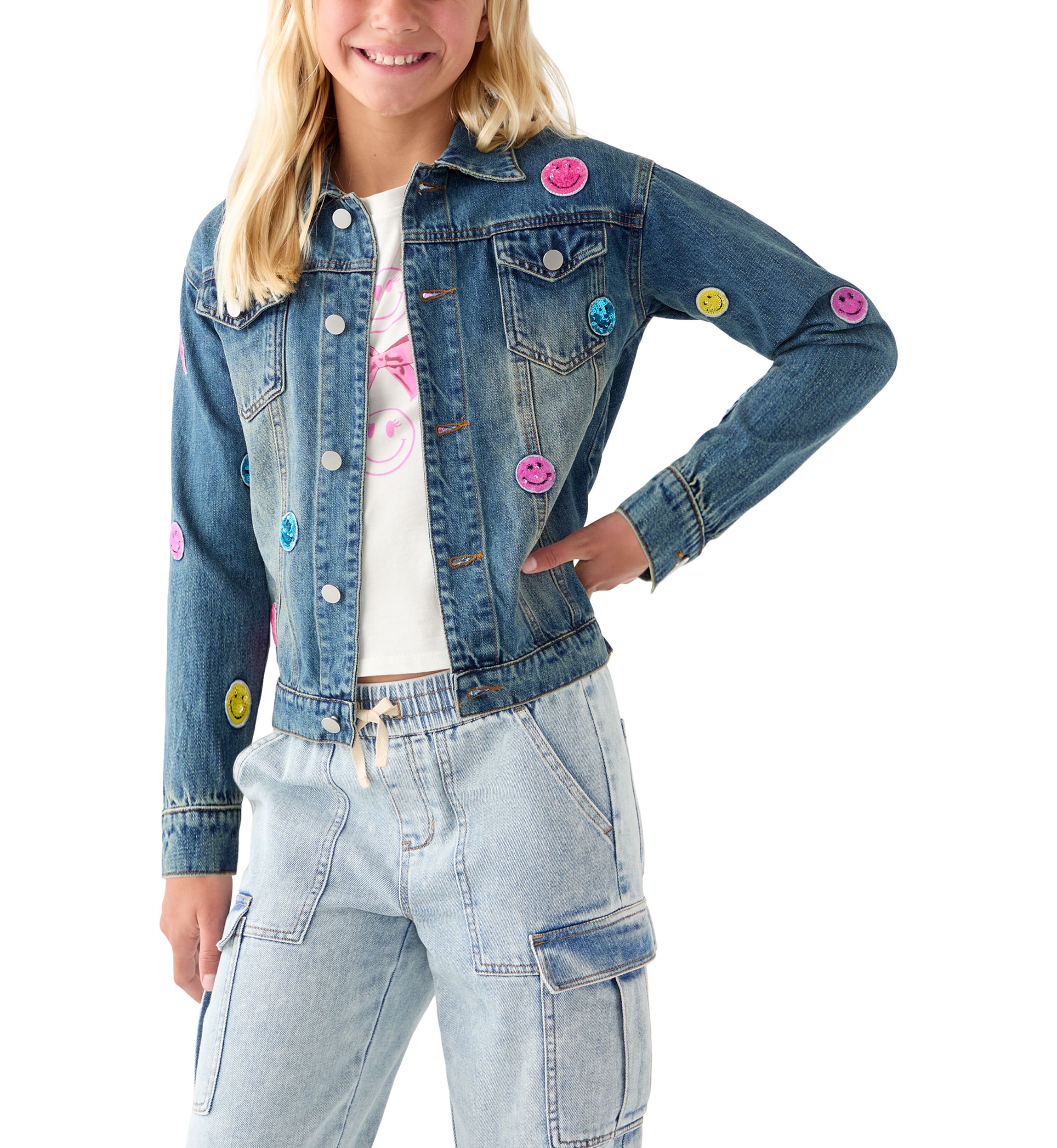 Girls 7-16 Smiles Sequin Patch Denim Jacket