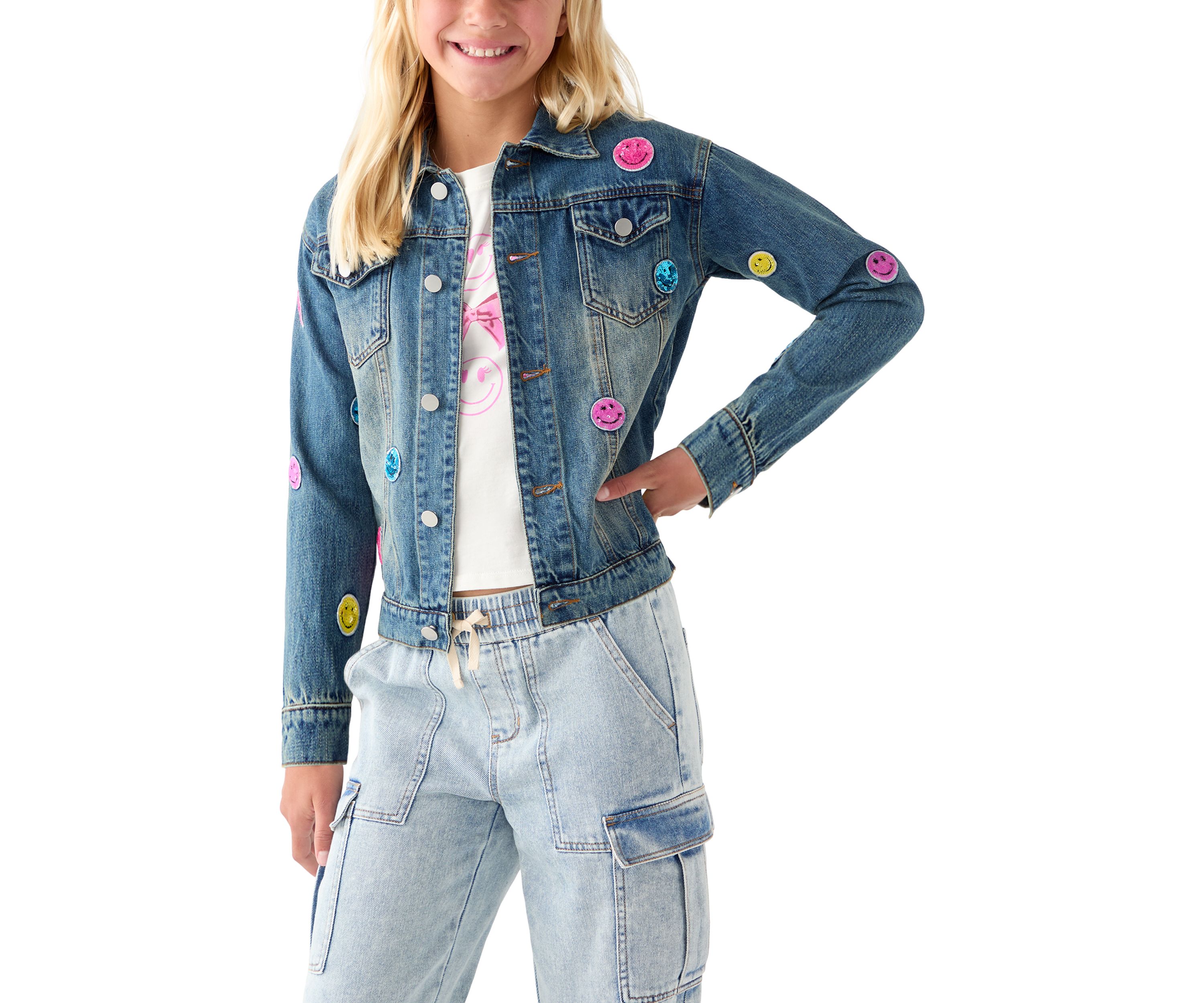 Girls 7-16 Smiles Sequin Patch Denim Jacket