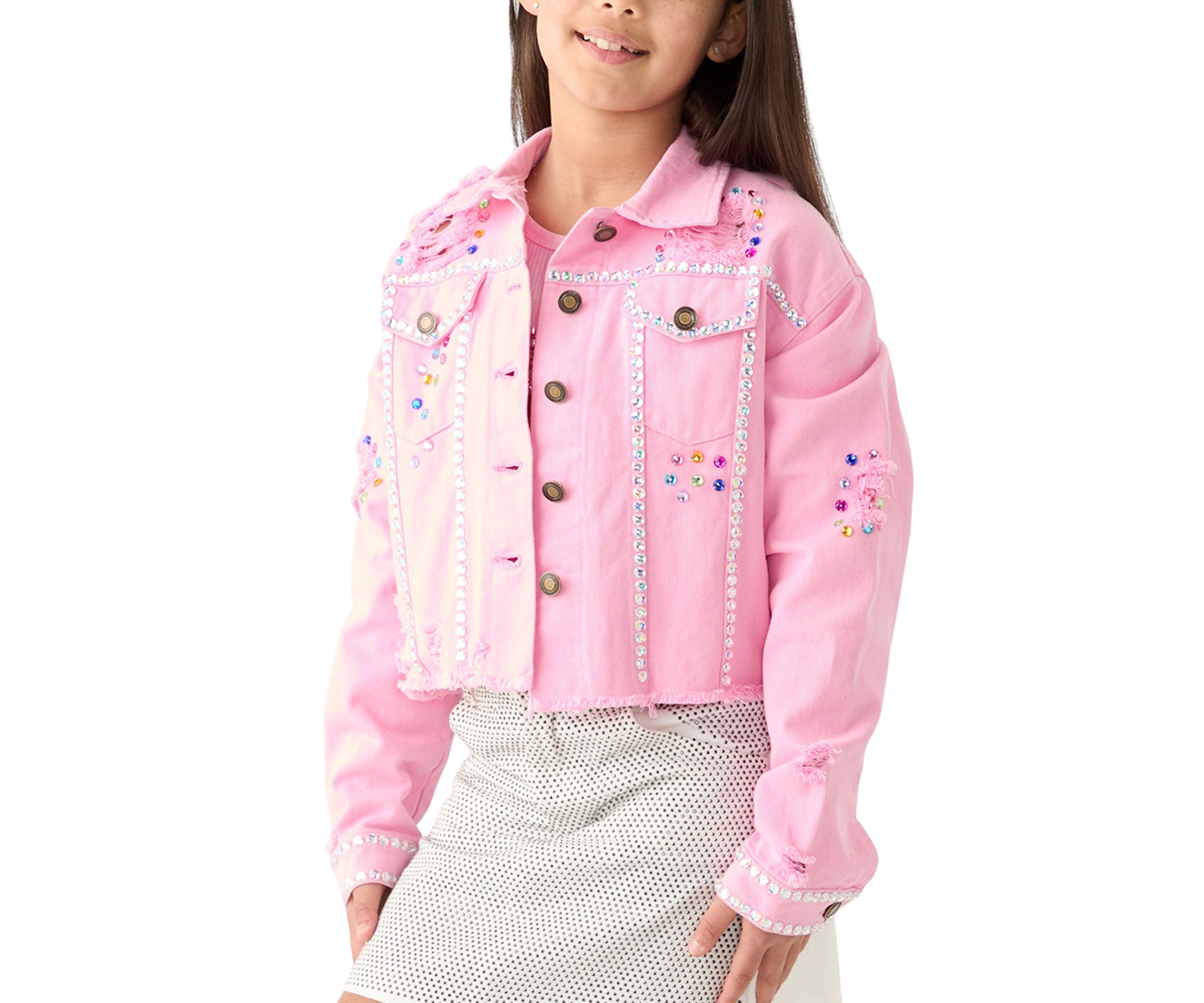 Girls 7-16 Bling Destructed Denim Jacket