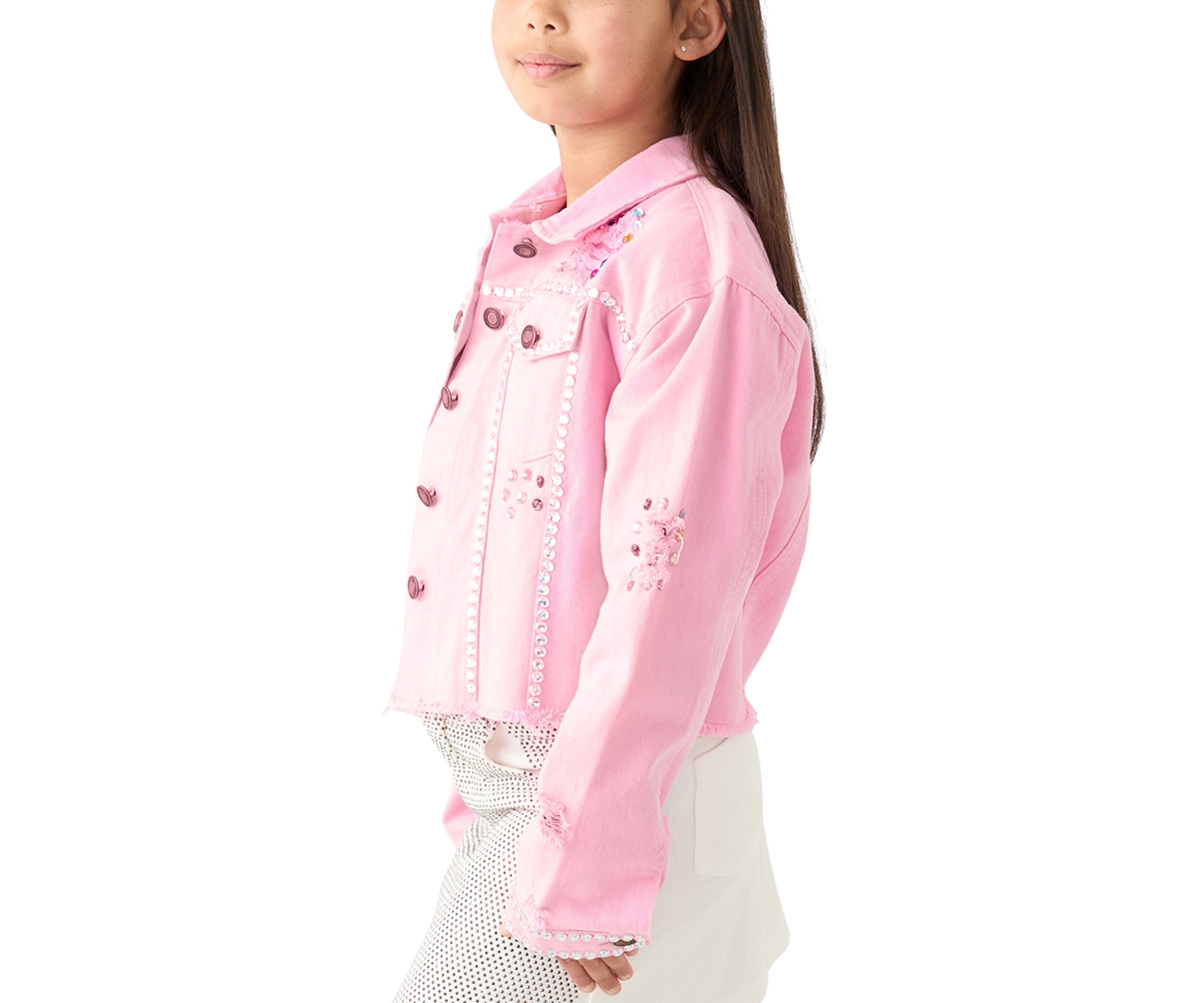 Girls 7-16 Bling Destructed Denim Jacket