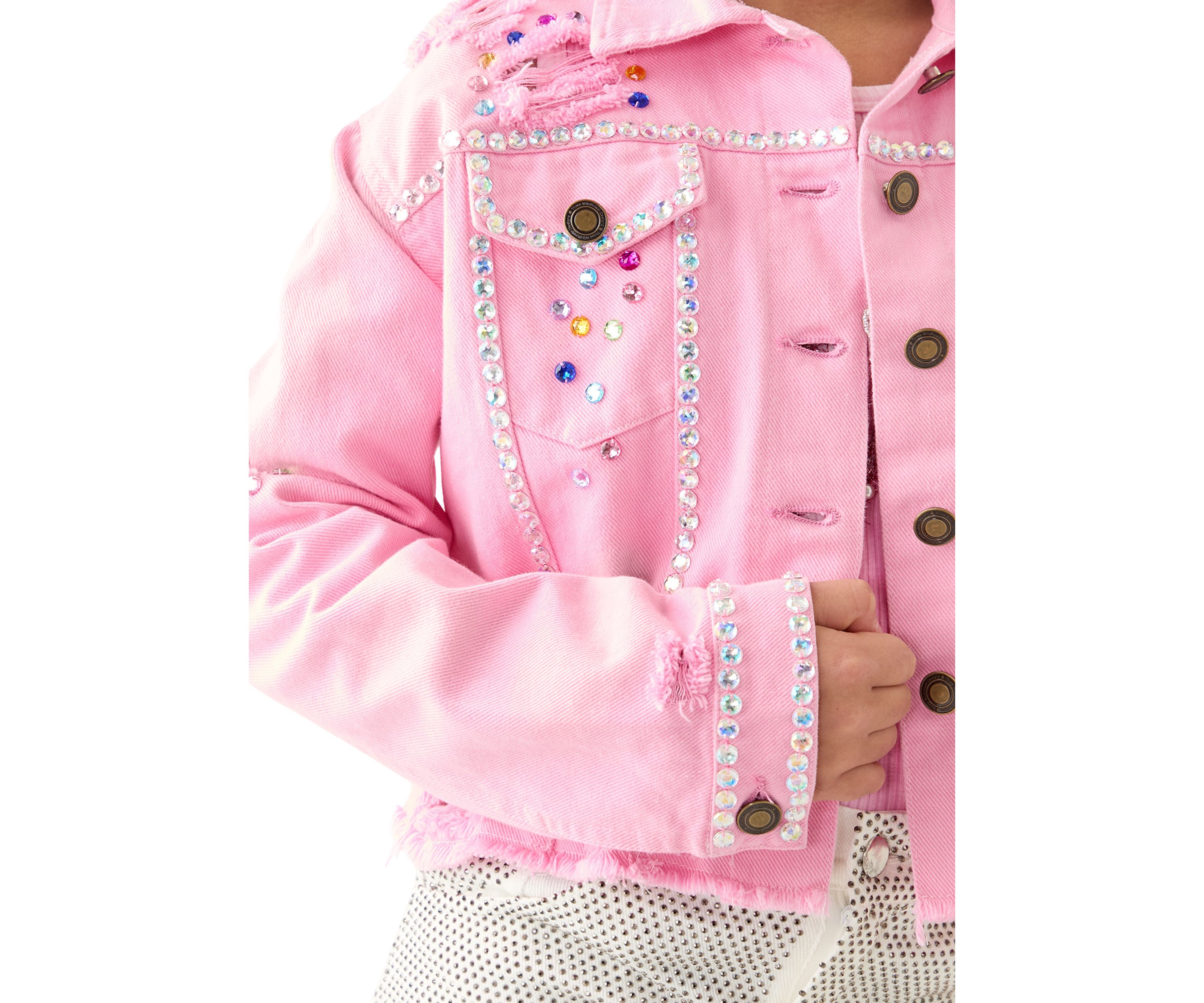 Girls 7-16 Bling Destructed Denim Jacket