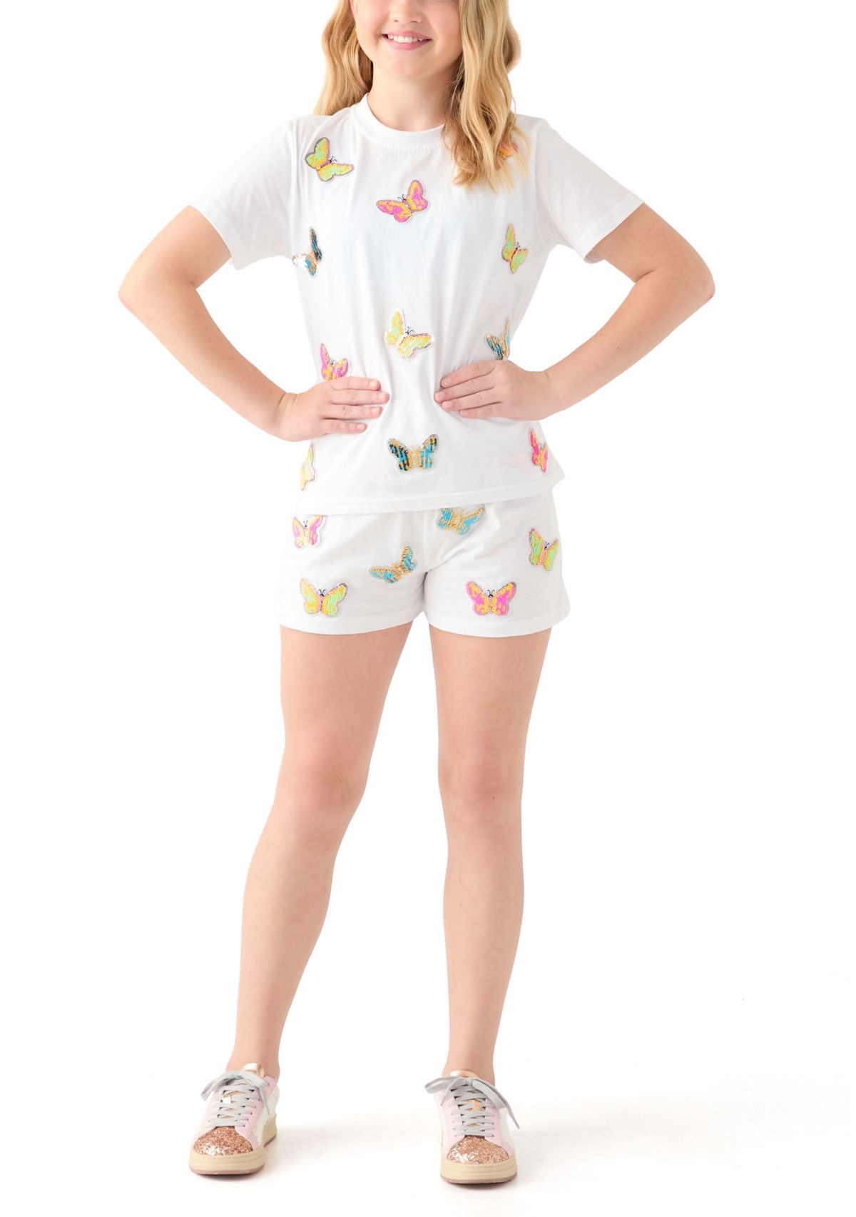 Girls 7-16 Butterfly Sequin Printed Top and Shorts Set