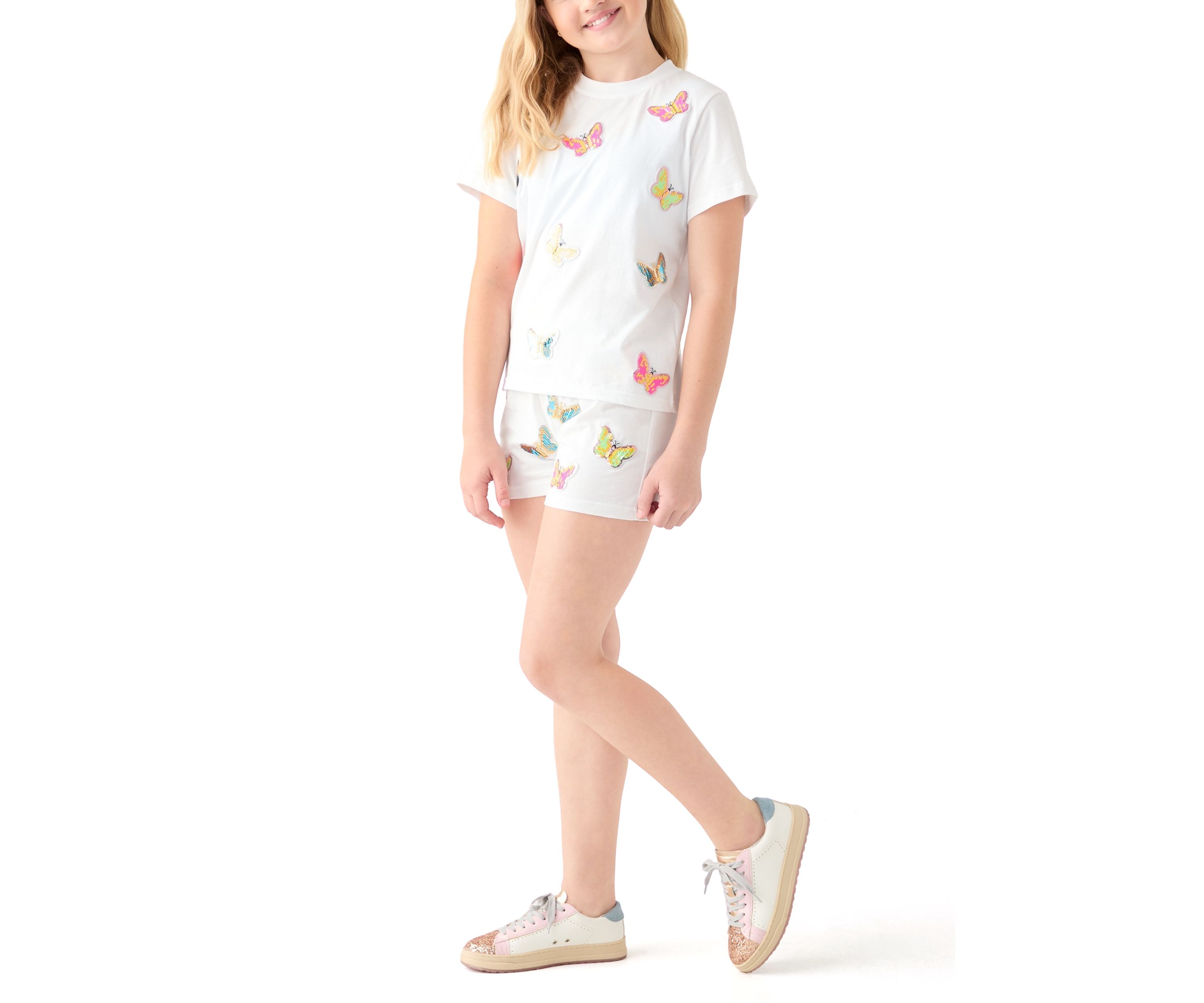 Girls 7-16 Butterfly Sequin Printed Top and Shorts Set