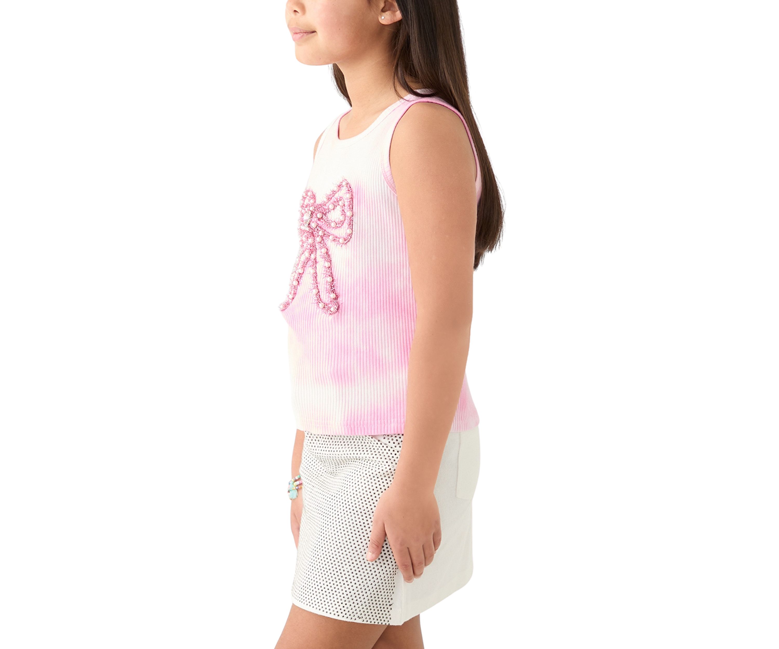 Girls 7-16 Embellished Bow on Tie Dye Rib Tank Top