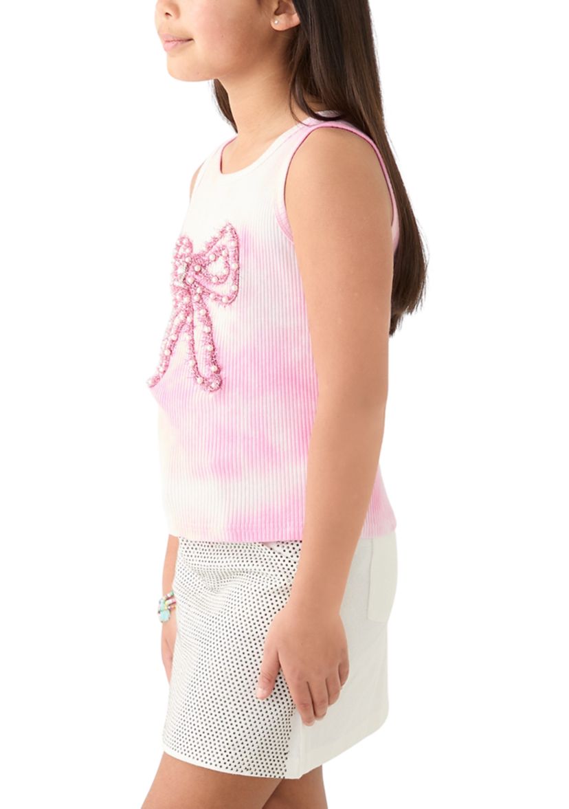 Girls 7-16 Embellished Bow on Tie Dye Rib Tank Top