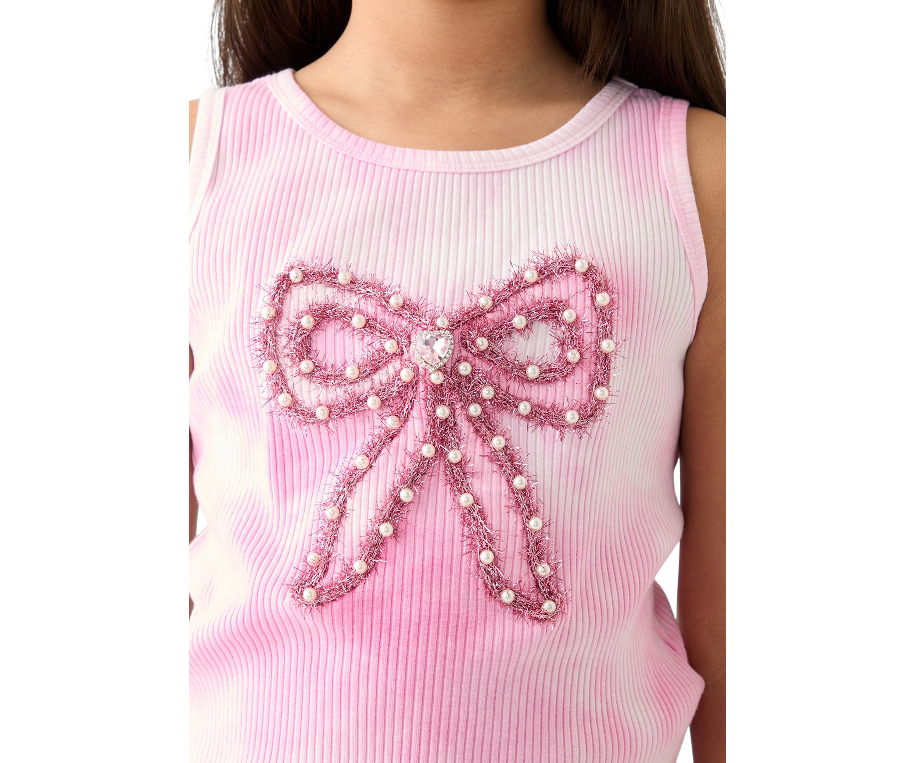 Girls 7-16 Embellished Bow on Tie Dye Rib Tank Top