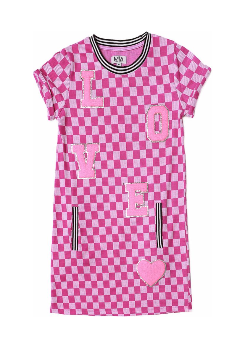 Girls 7-16 Checker Printed Love Appliqué Dress