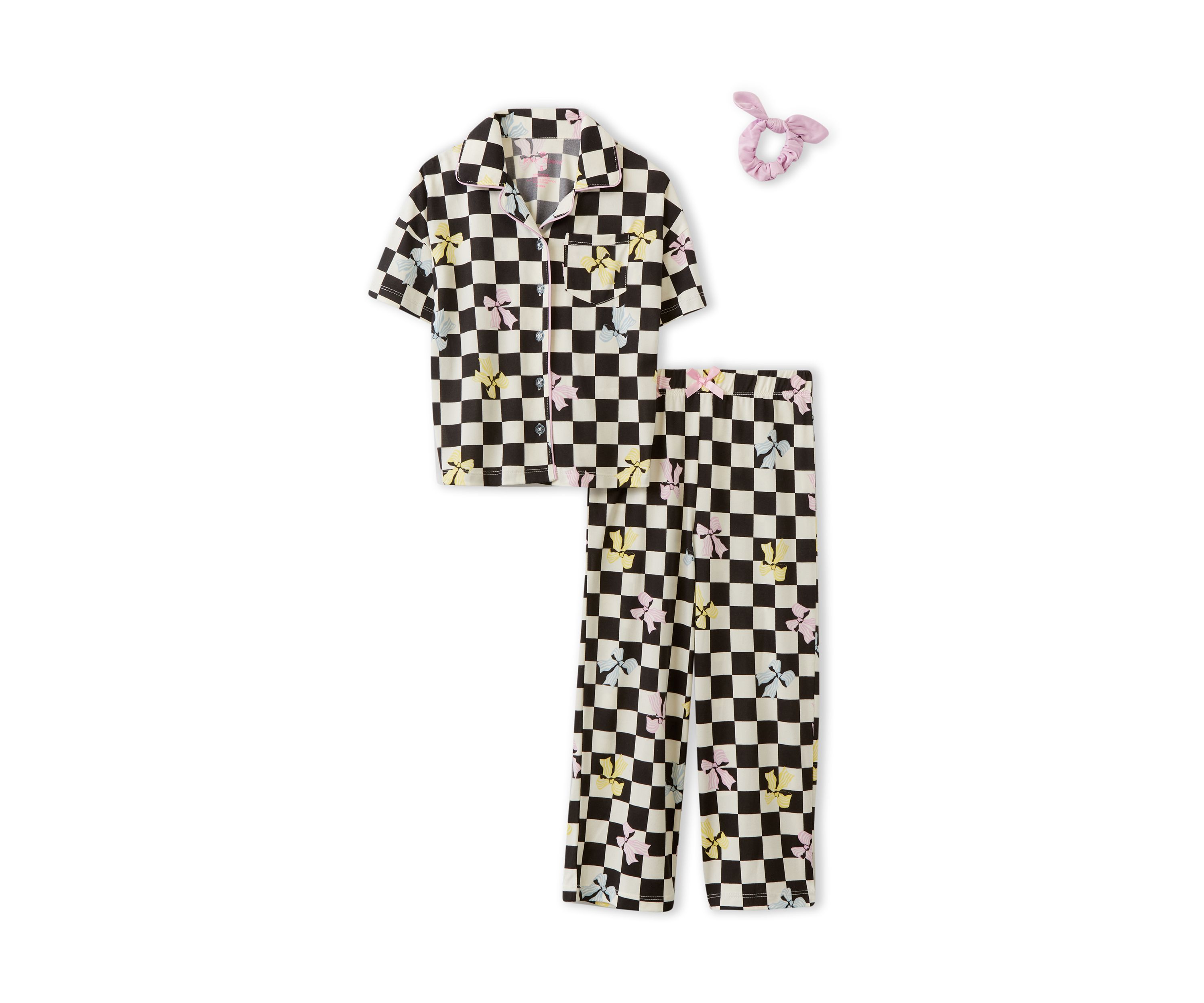 Girls 7-16 Checkered Bows PJ Set with Matching Scrunchie