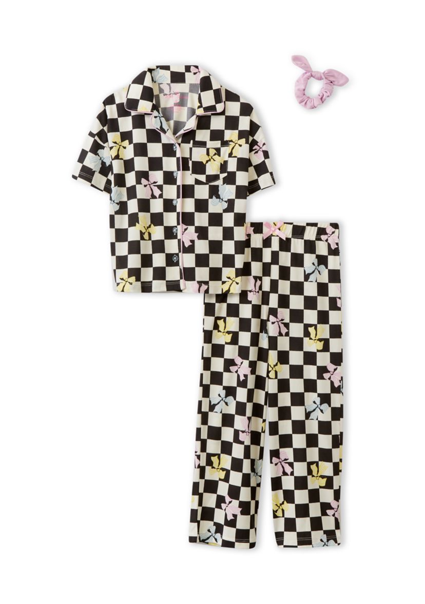 Girls 7-16 Checkered Bows PJ Set with Matching Scrunchie
