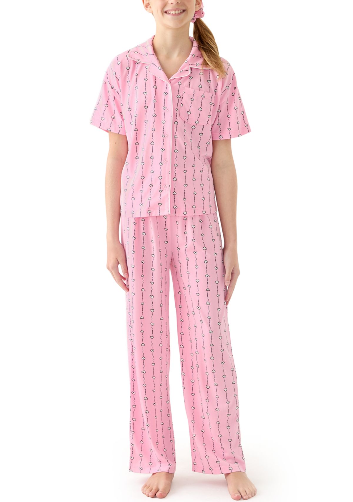 Girls 7-16 Checkered Bows PJ Set with Matching Scrunchie