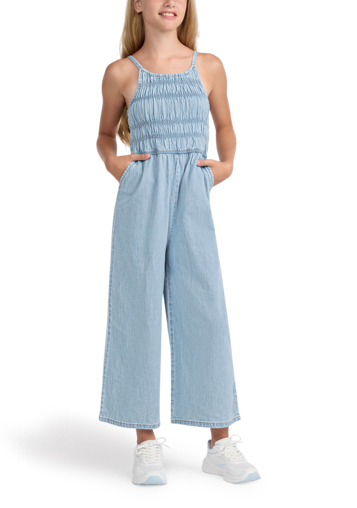 high neck denim jumpsuit 