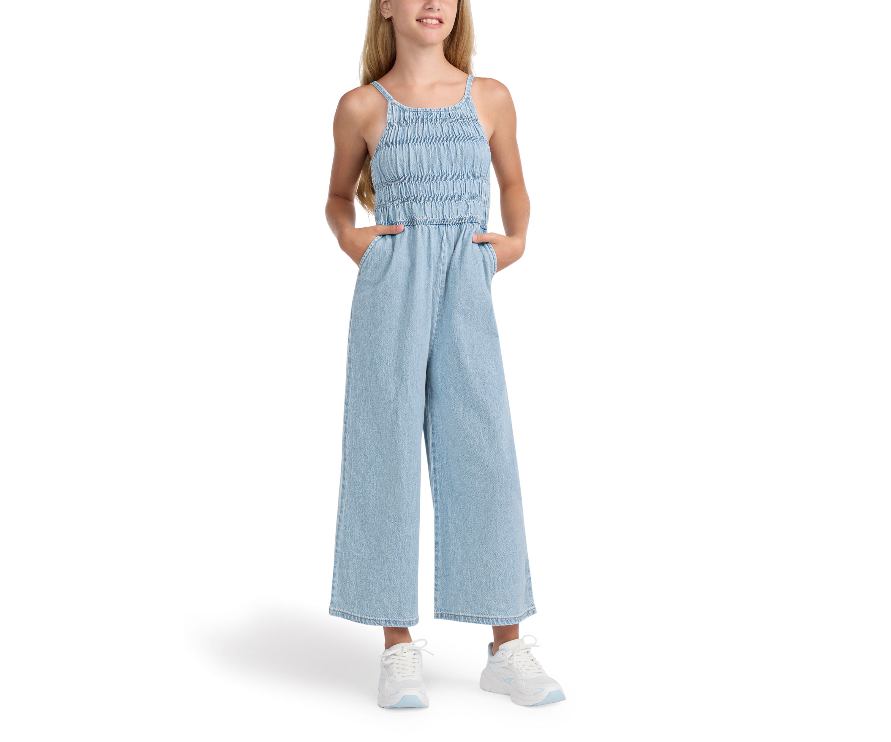 high neck denim jumpsuit 