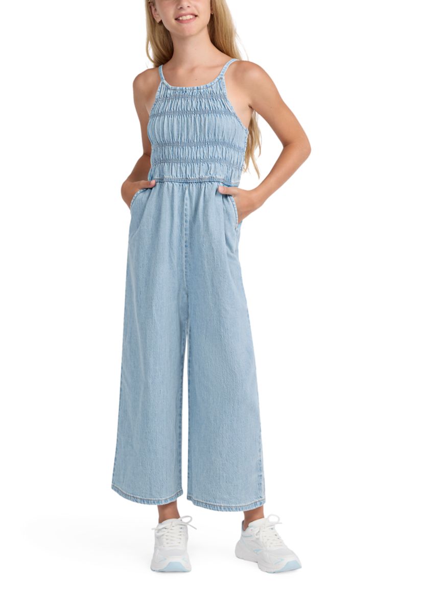 high neck denim jumpsuit 