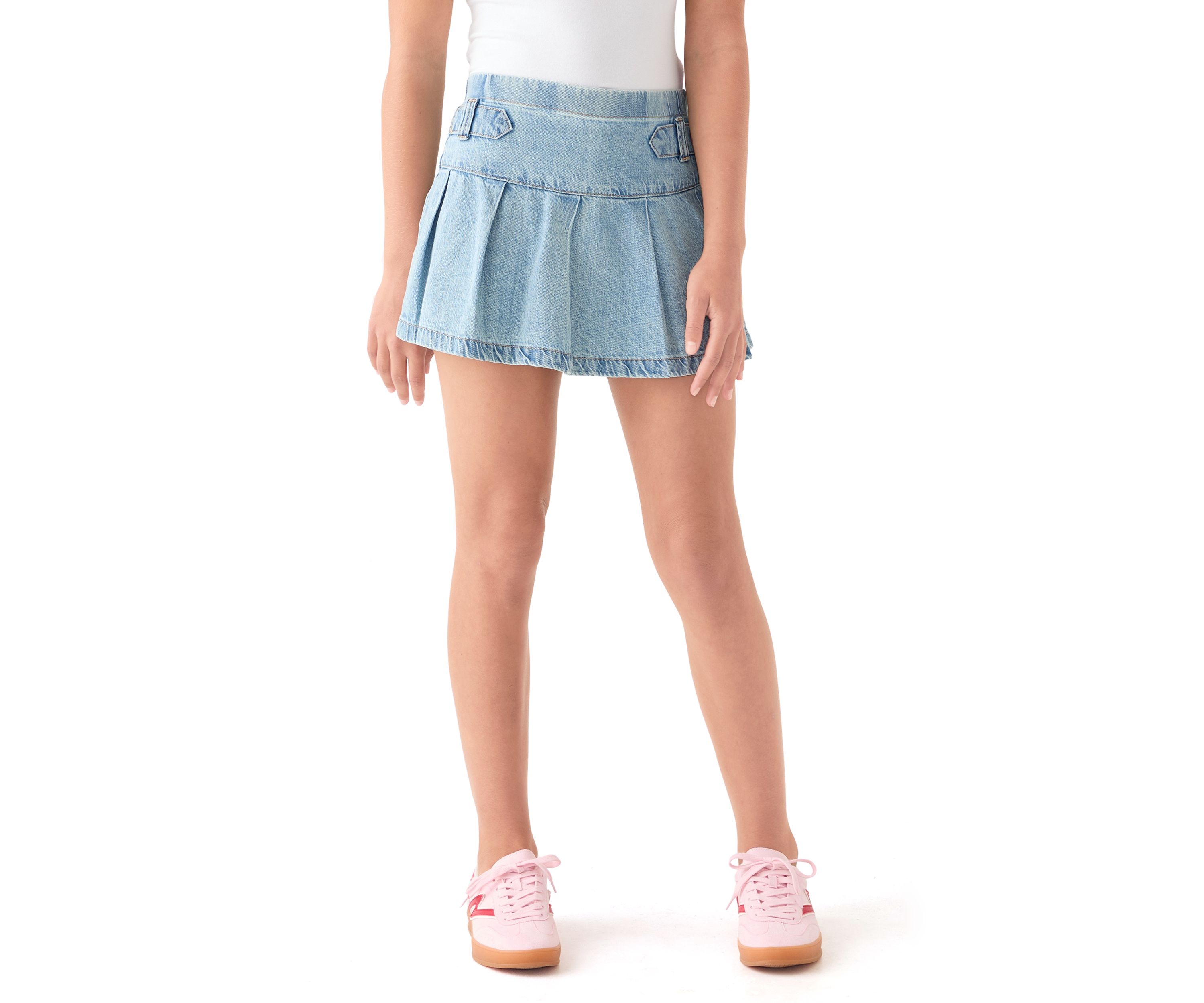 pleated tab denim skort
