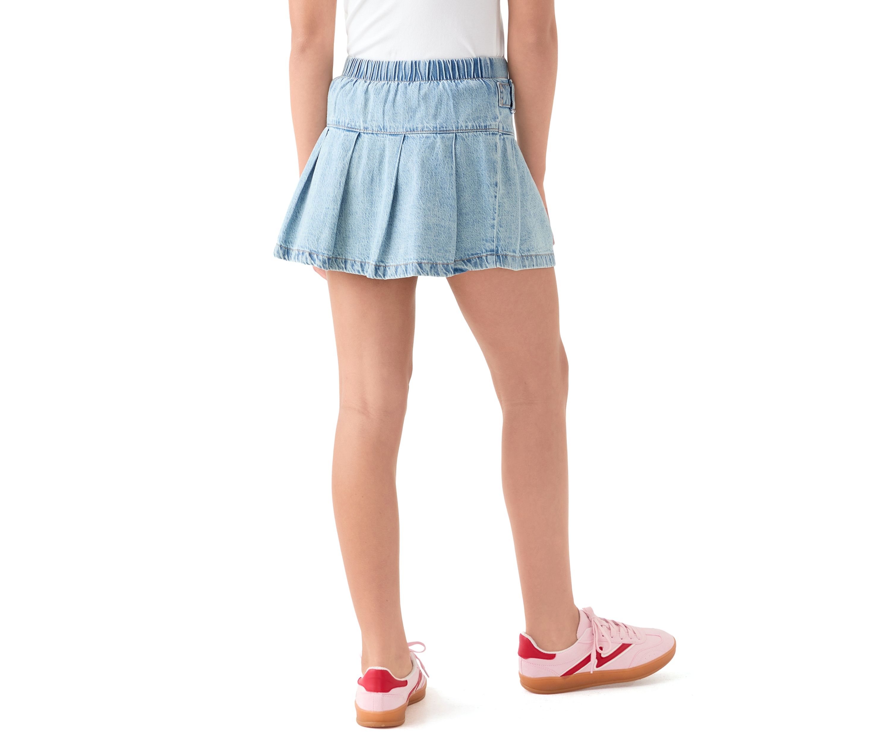 pleated tab denim skort