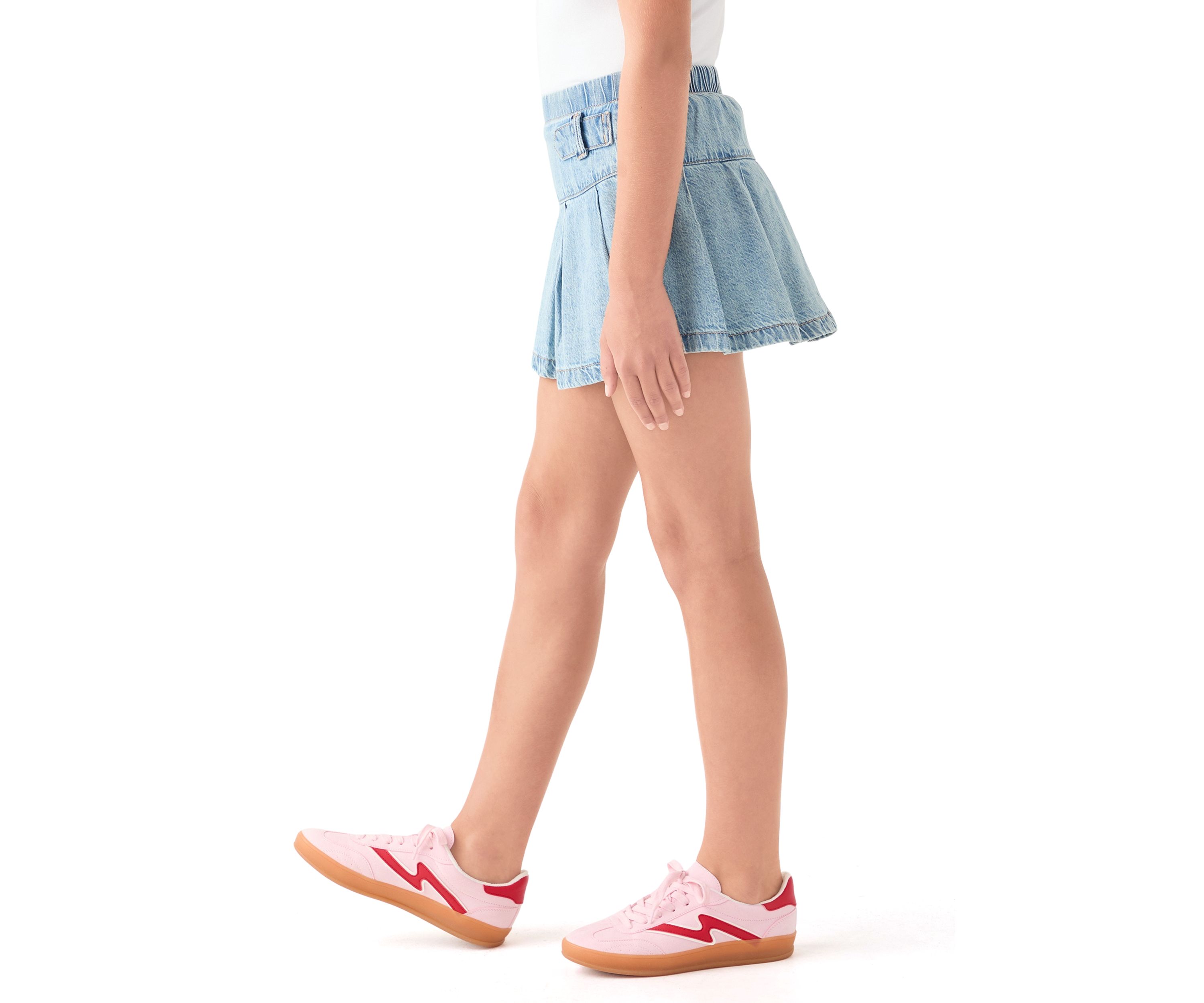 pleated tab denim skort