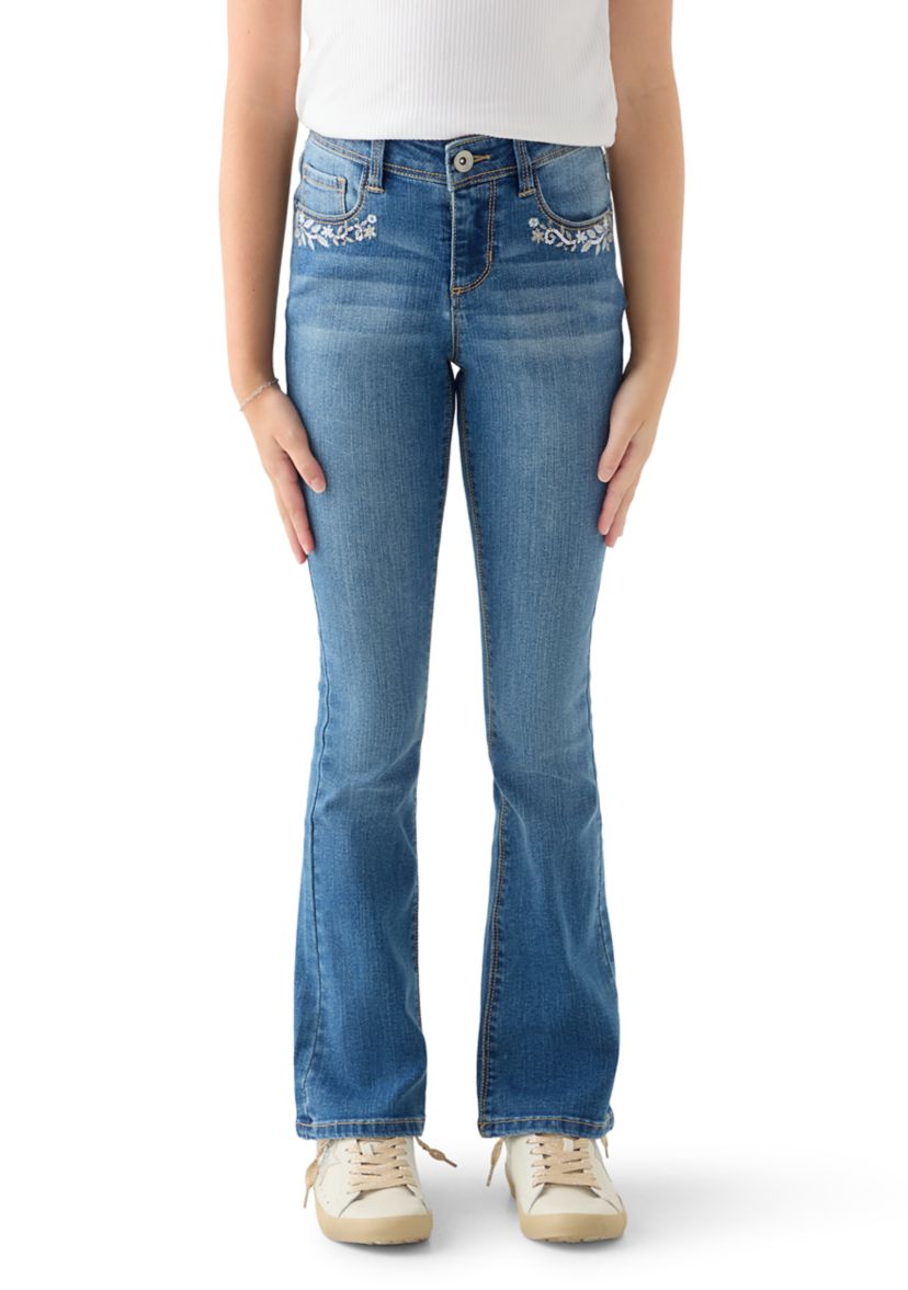  Girls 7-16 Flare Jeans with Back and Front Pocket Embroidery