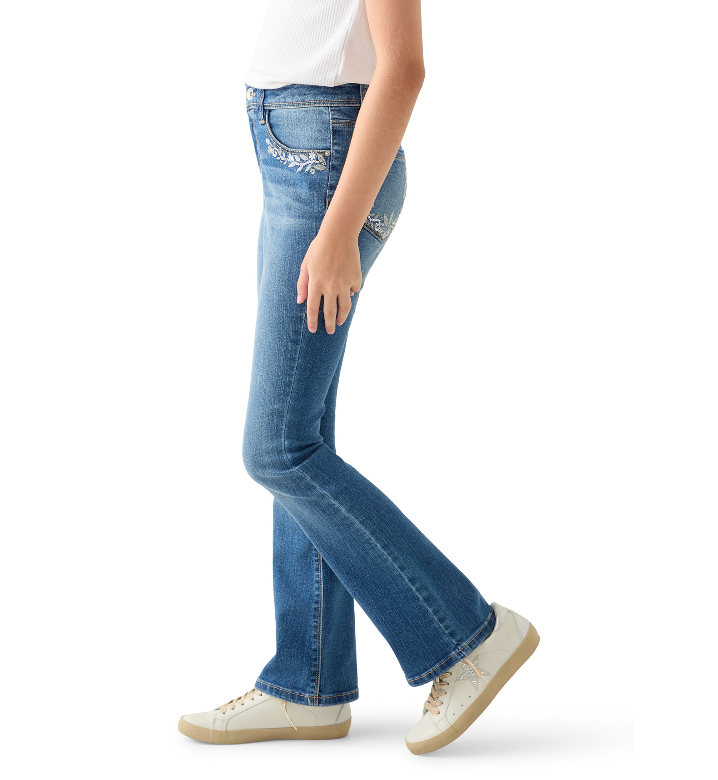  Girls 7-16 Flare Jeans with Back and Front Pocket Embroidery