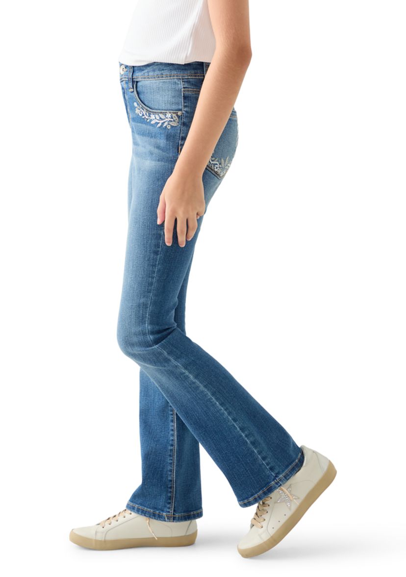  Girls 7-16 Flare Jeans with Back and Front Pocket Embroidery